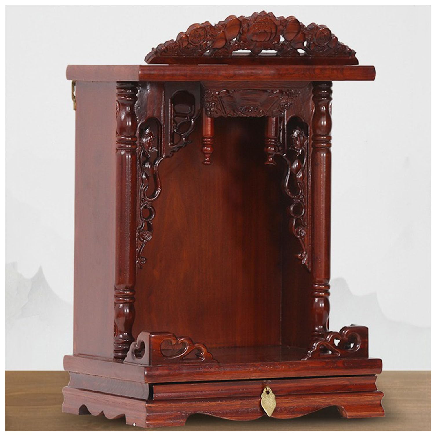 Fadiadem Red Wall Hanging Temple Buddhist Altar, Wooden Pooja Mandir God Stand Shelf, Home Temple Shinto Buddhist Altar Ancestral Altar, Prayer Meditation Table Buddha Statue Stand