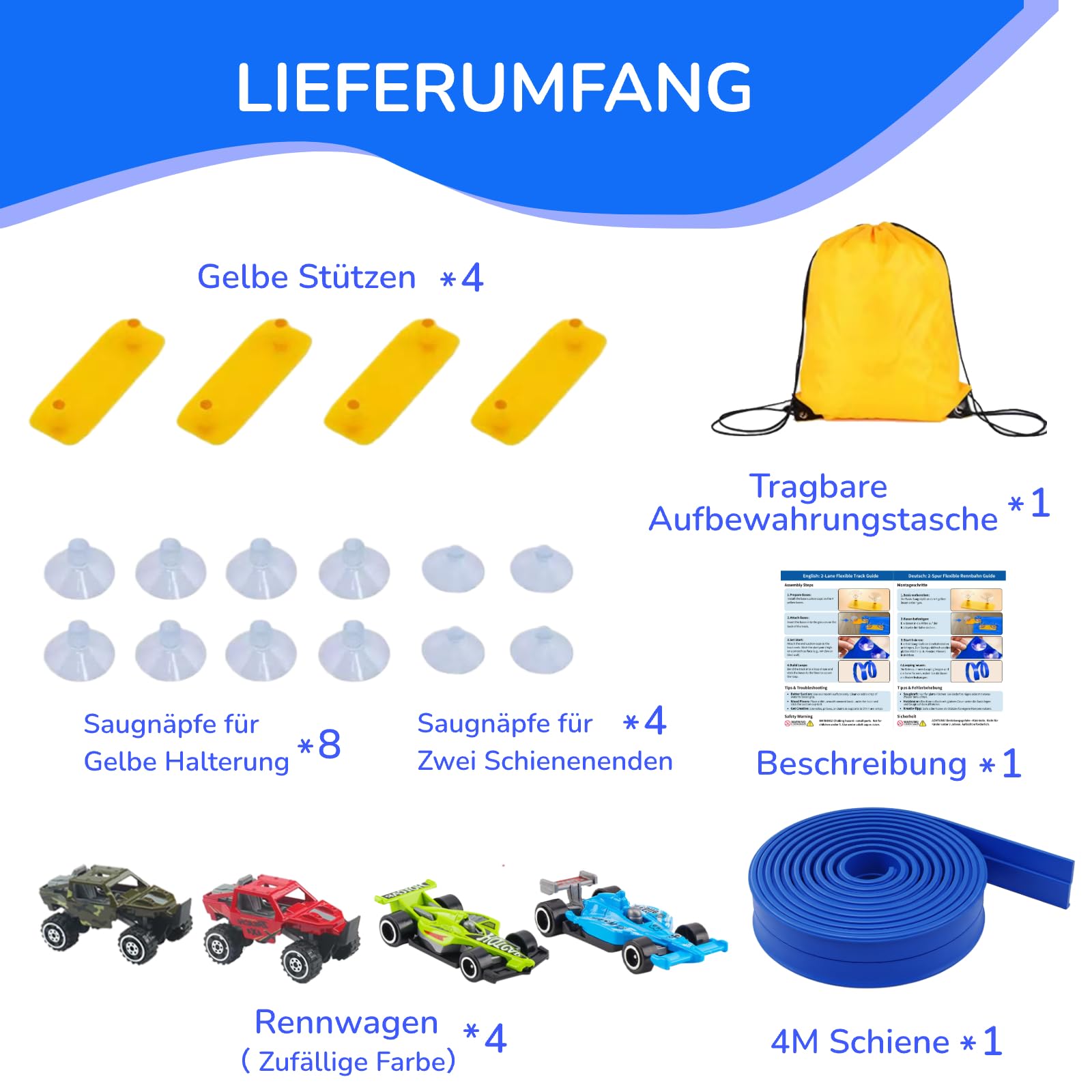 Autorennbahn Flexible Rennstrecke mit 4 Autos & Tragtasche – Soft Rennbahn Spielzeug für Kinder ab 3 4 5 6 Jahre, Rollt Auf Tragbare Autobahn Geschenk für Indoor/Outdoor, Blau