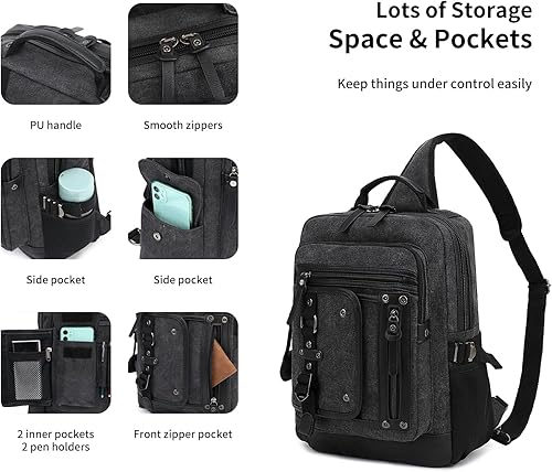 Vista 2 de Leaper Mochila bandolera para hombre bolsa de mensajero de lona para hombre, bandolera de una sola correa para portátil, senderismo, escuela