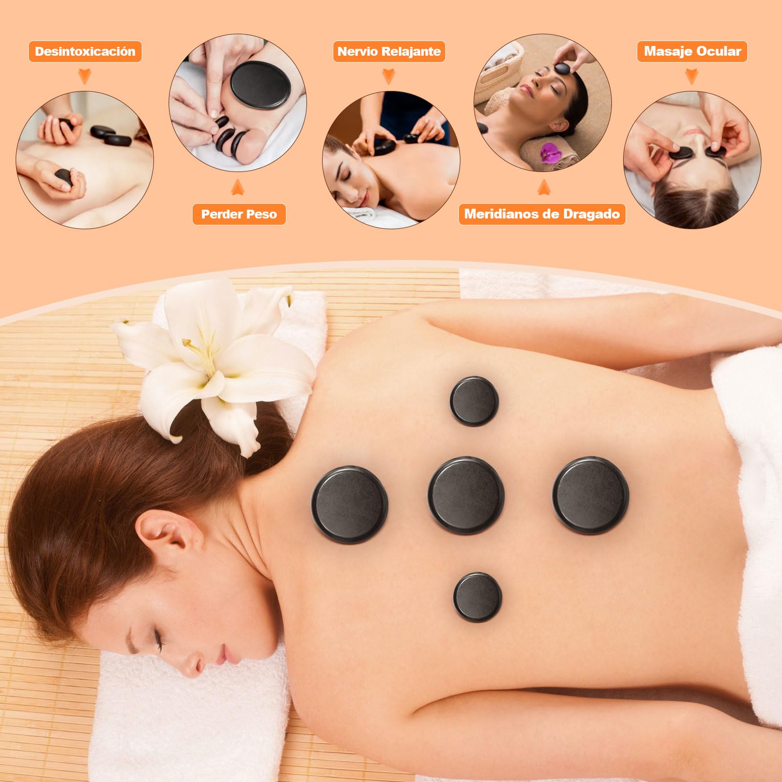 Calentador de Piedras Calientes 21 Piezas, Kit de Piedras de Basalto para Masaje Corporal Spa