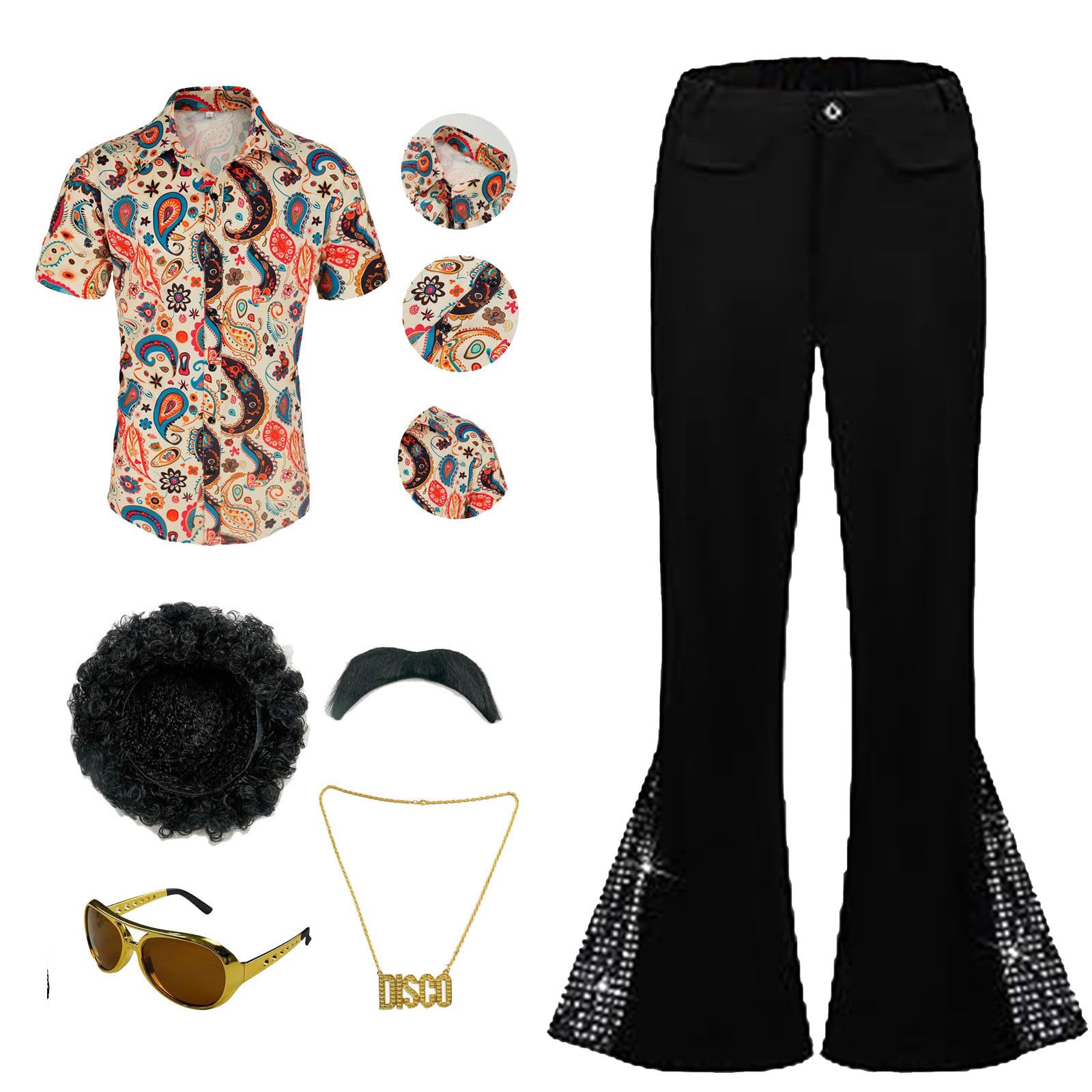 Disco Kostüm Set für Herren Retro 70er 80er Jahre Stil mit Paillettenhemd, Schlaghose, Afro-Perücke, Halskette, Sonnenbrille & Bartaufkleber Bekeidung für 50s 60s 70s Cosplay Halloween Party