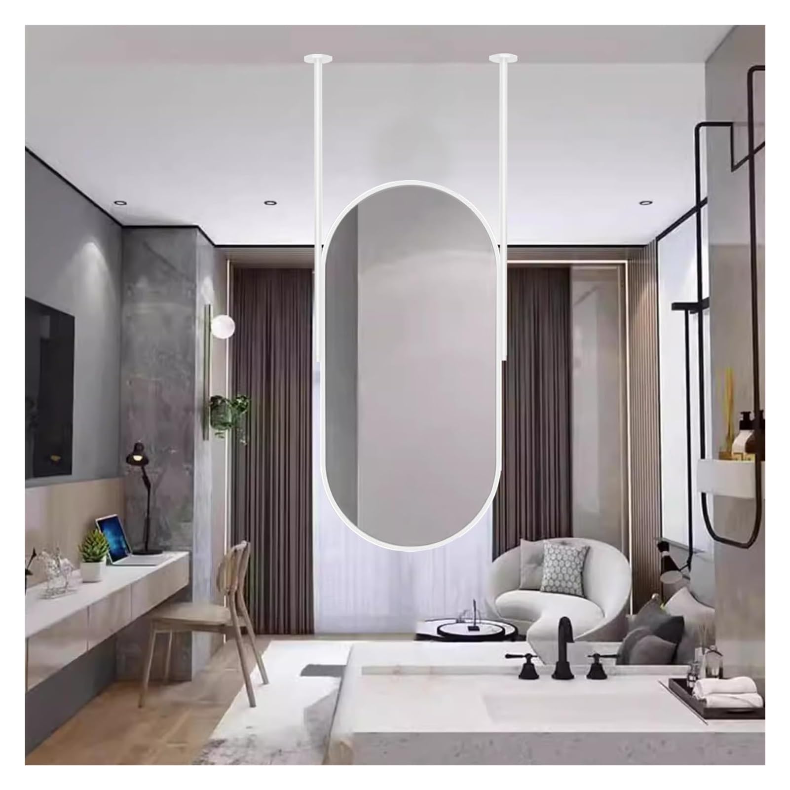 Miroir ovale avec barre de suspension en métal blanc pour miroir de plafond d'appartement