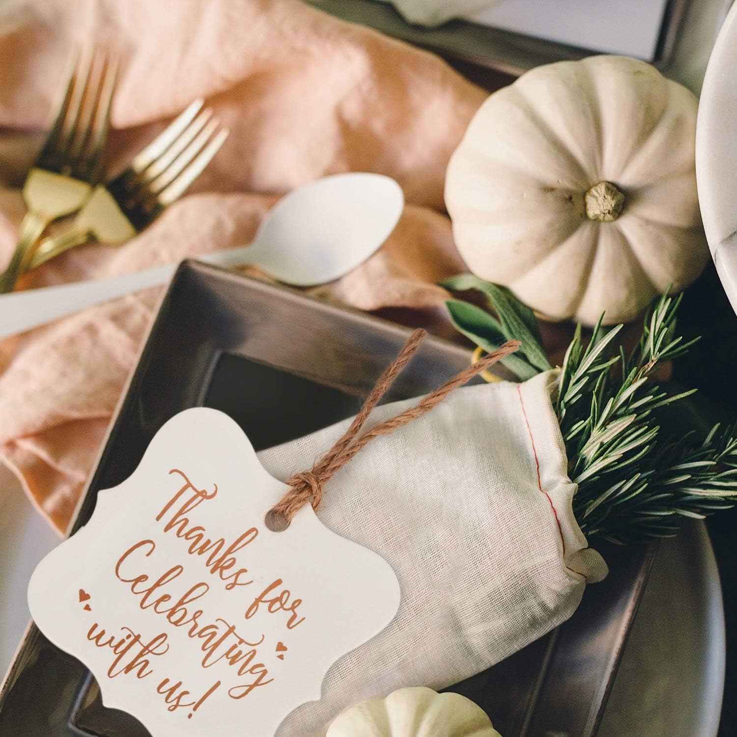 WRAPAHOLIC Gift Tags with String - 100PCS White Kraft Thank You Paper Tags with 100 Feet Natural Jute Twine for Wedding, Baby Shower, Party Favors