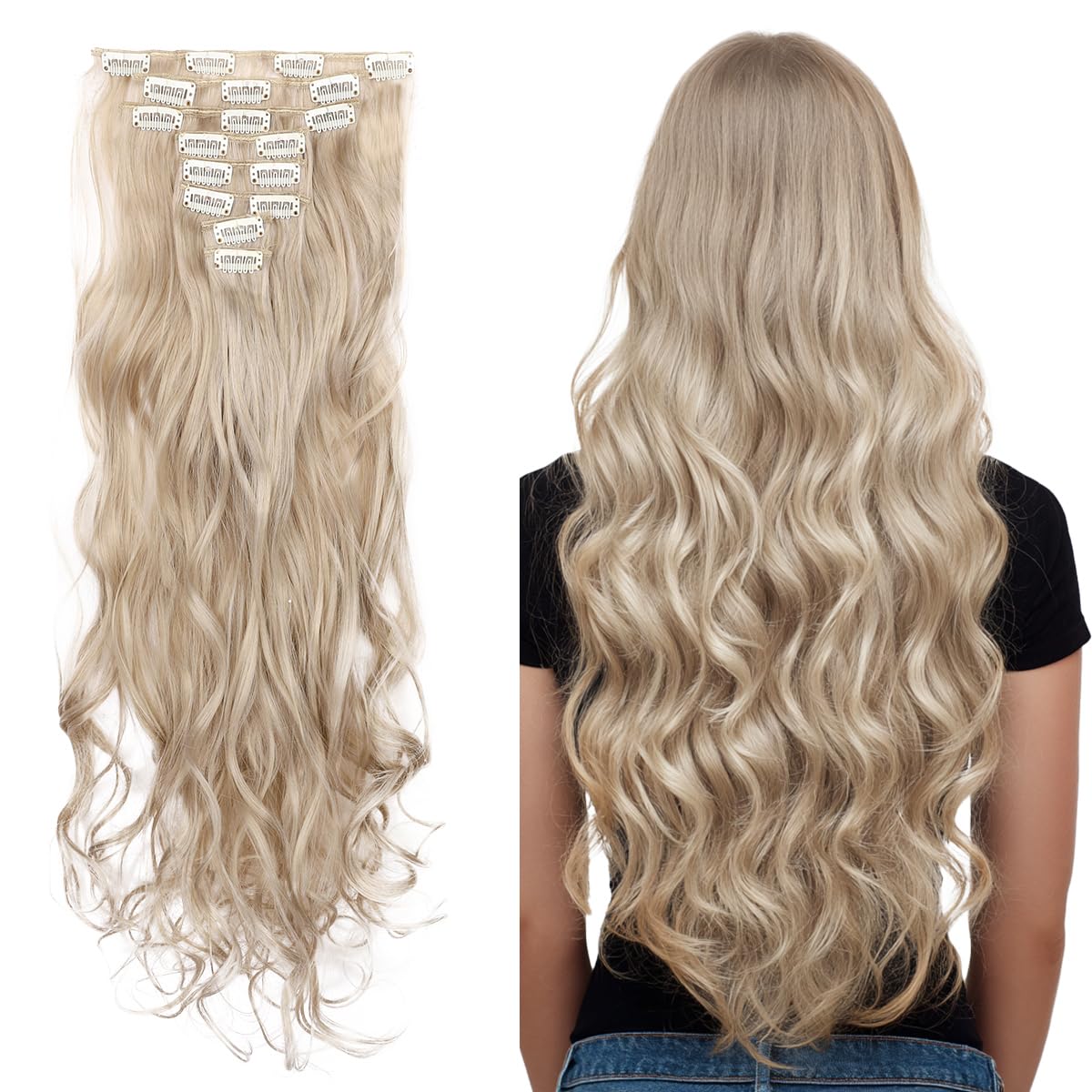 SEGO Pro Clip in Hair Extensions 8 Pcs 18 Clips Full Head Synthetic Fiber Hair Pieces for Women Curly 24 Inch (Ash Blonde & Silver Gray)