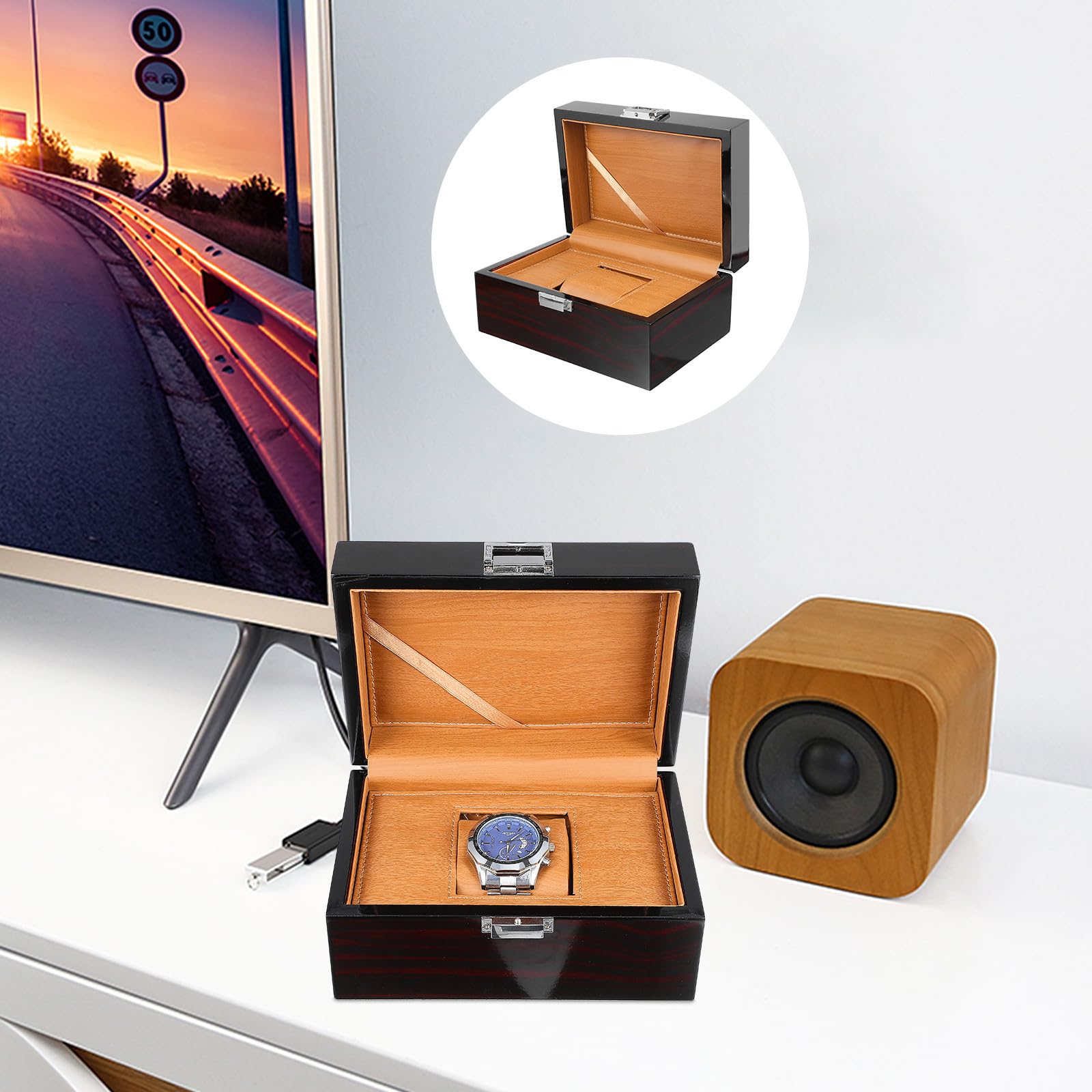 SOLUSTRE Elegante Uhrenbox Wasserfestem Leder mit Feiner Struktur aus Lackiertem Holz und Schmuckaufbewahrungsbox für Stilvolle Uhrenpräsentation Zuhause
