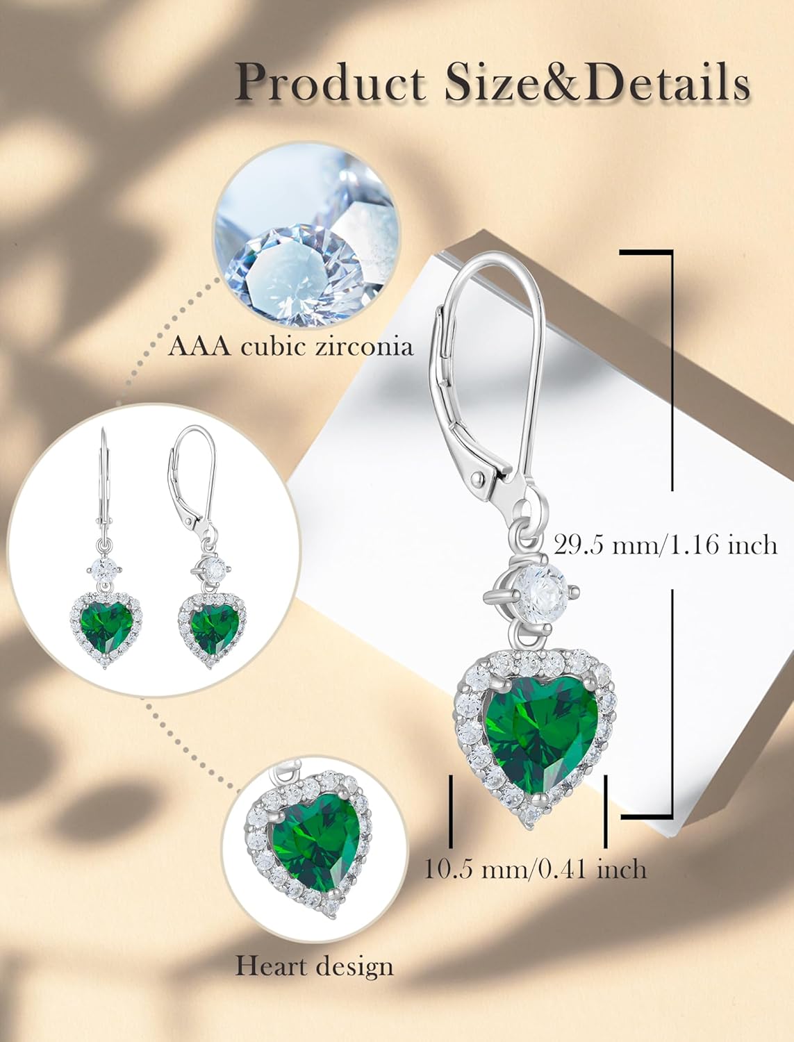 Heart Dangle Drop Earrings for Women, 925 Sterling Silver Earrings with 7x7MM Birthstones Love Heart Leverback Jewelry Gifts for Her - Image 6