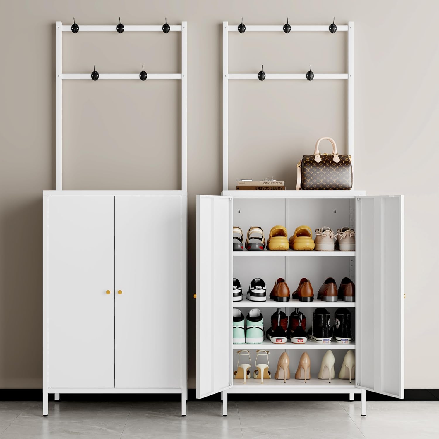 Hall Tree, 72” Shoe Cabinet with Rack, 2-Door Metal Shoe Organizer with 3 Adjustable Shelves & 5 Hooks, Farmhouse Hallway Cabinet for Shoes, Hats, and Keys, White