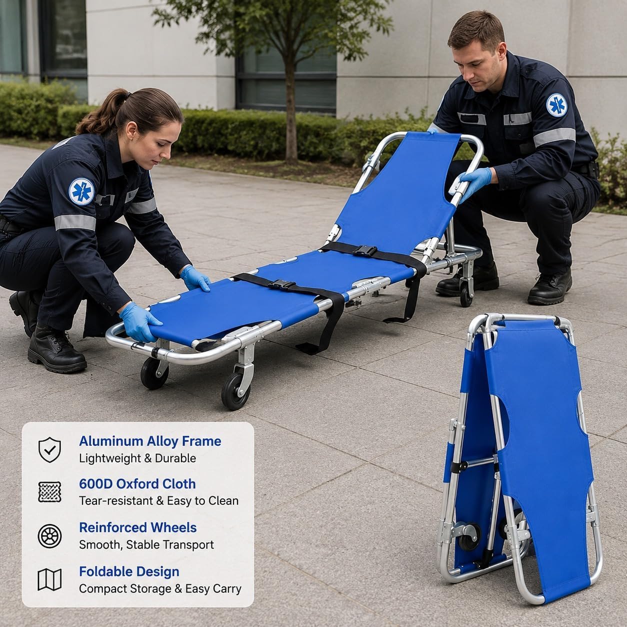 Składane aluminiowe nosze medyczne z kółkami i regulowanym oparciem | Rama ze stopu aluminium, tkanina Oxford 600D, pasy bezpieczeństwa, zintegrowane koła, ambulanse kliniki opieka domowa
