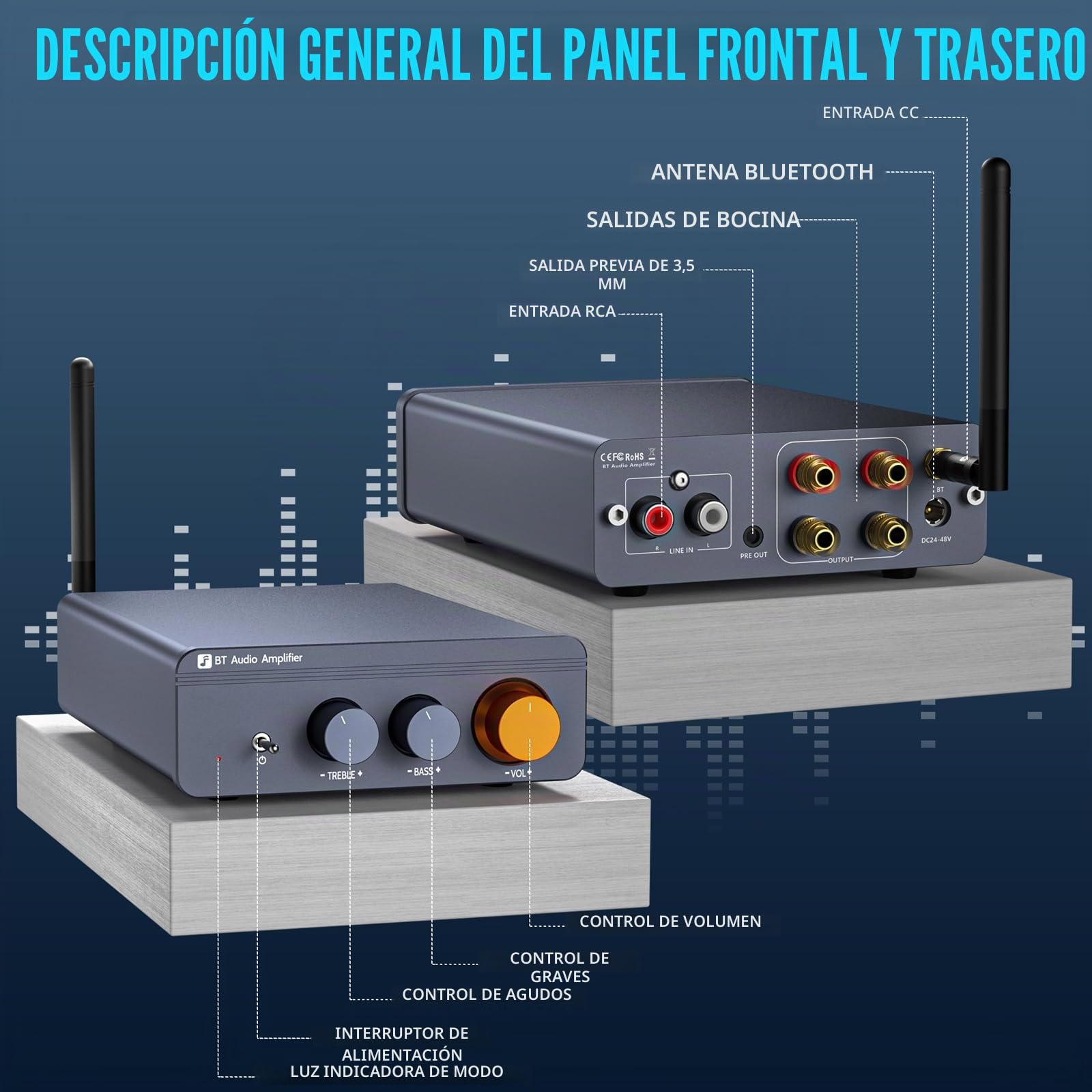 Amplificador Audio, Mini Amplificador HiFi 600W Estéreo Bluetooth 5.4 Clase D Estéreo 2 Canales, Chip TPA3255 Ajuste de Graves y Agudos