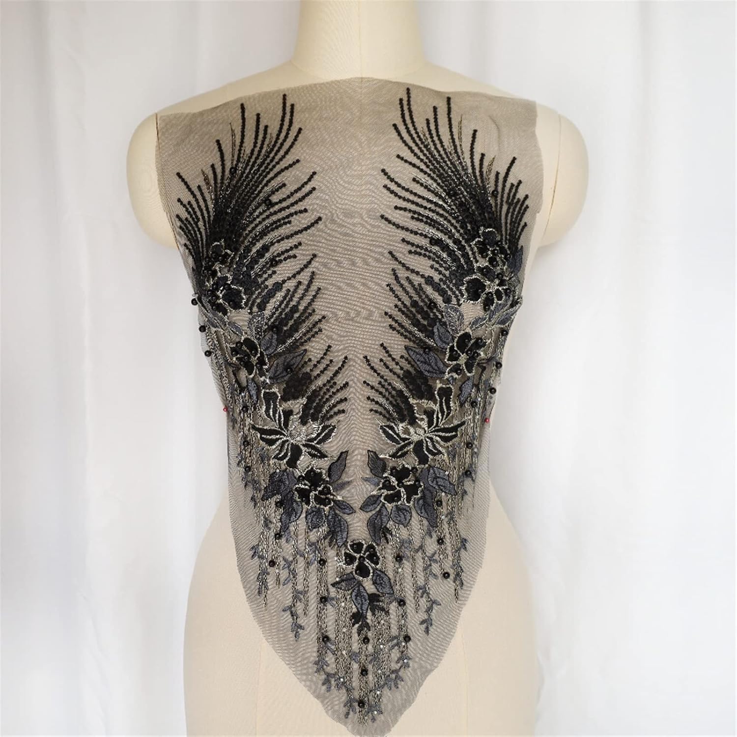 CAZZH Schwarzer Spitzenstoff Blume Quaste Perlen Strass Bestickt cazzh-schwarzer-spitzenstoff-blume-quaste-perlen-strass-bestickt