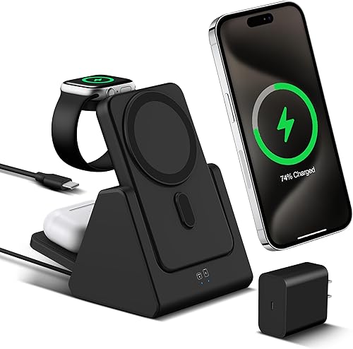 Miniatura 8 de Estación de Carga Inalámbrica 3 en 1: Cargador de Banco de Energía Portátil de 10000mAh Compatible para Teléfono Serie Air/17/16/15/14/13/12 y Reloj