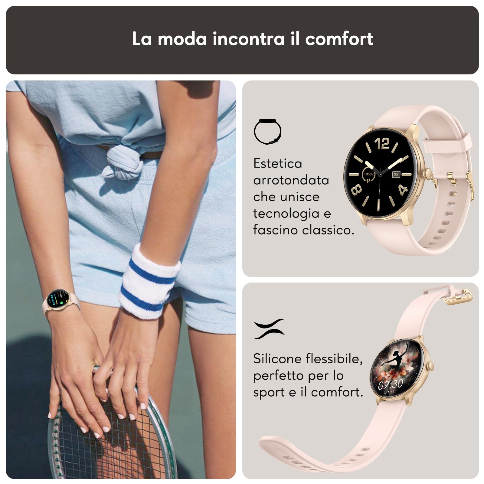 AcclaFit Smartwatch Donna Uomo, 1.38" Touch Screen Smartwatch con Effettua/Risposta Chiamate, Fitness Tracker con Pressione Sanguigna e Monitor Sonno, 120+ Sport Step Counter per Android iOS