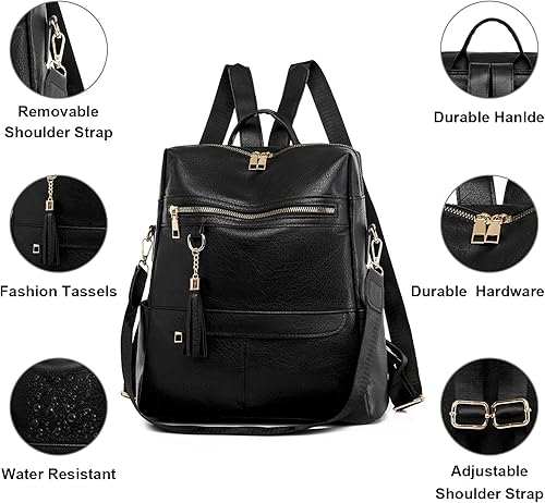 Miniatura 3 de Kabanmate Bolso tipo mochila para mujer, bolso de hombro convertible de piel sintética a la moda para mujer, Negro -, Mochilas Daypack