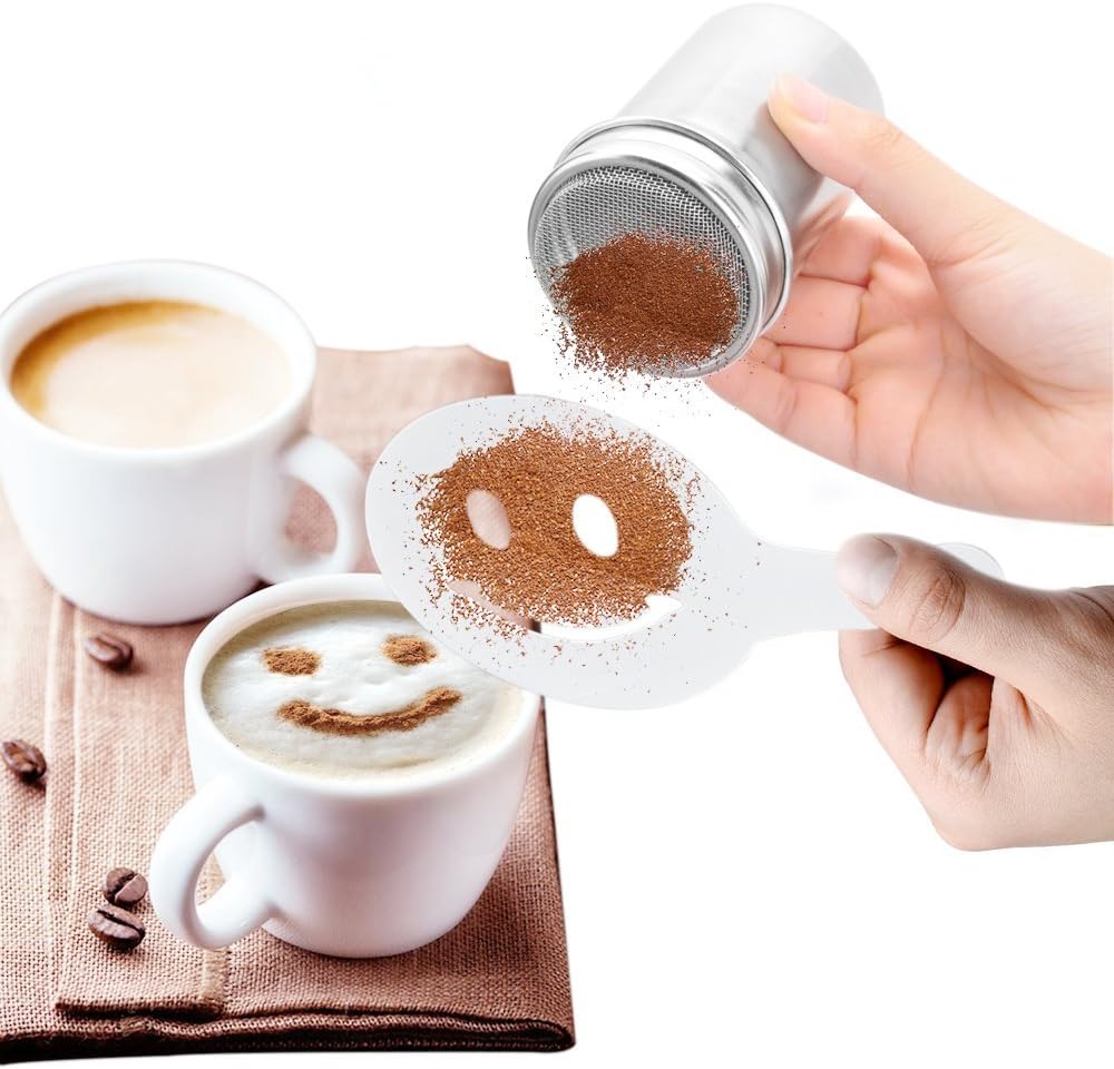Buy 1 get 1 homEdge 2 Pcs of Stainless Steel Powder Dredges with 16 Pcs Coffee Printing Molds, Cocoa Powder Shaker and Garland Molds with 16 Patterns for Latte, Mocha, Cuppucino, Latte Accessories Cake Printing,