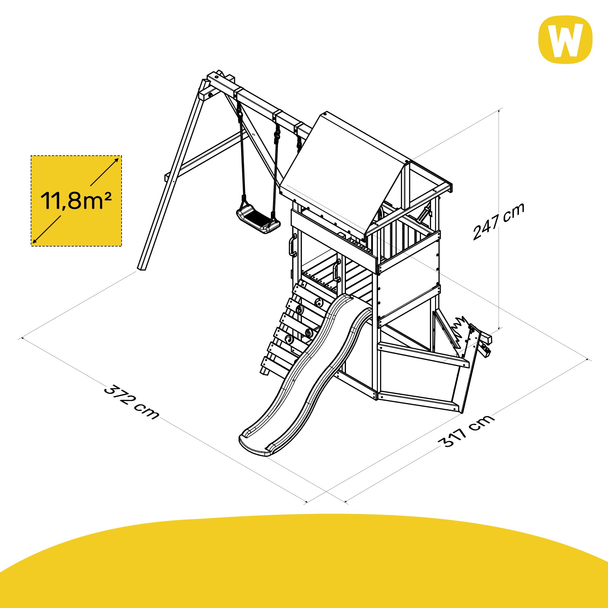 Wickey Parco giochi DinkyHouse con naso di nave - con scivolo & telone blu - Torre di arrampicata per bambini per il giardino in legno massiccio - 372x317x247 cm