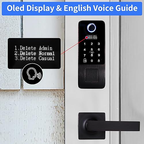 Miniatura 7 de Cerradura de puerta de huellas dactilares, pantalla OLED y guía de voz cerradura de puerta de entrada sin llave, cerradura de puerta inteligente