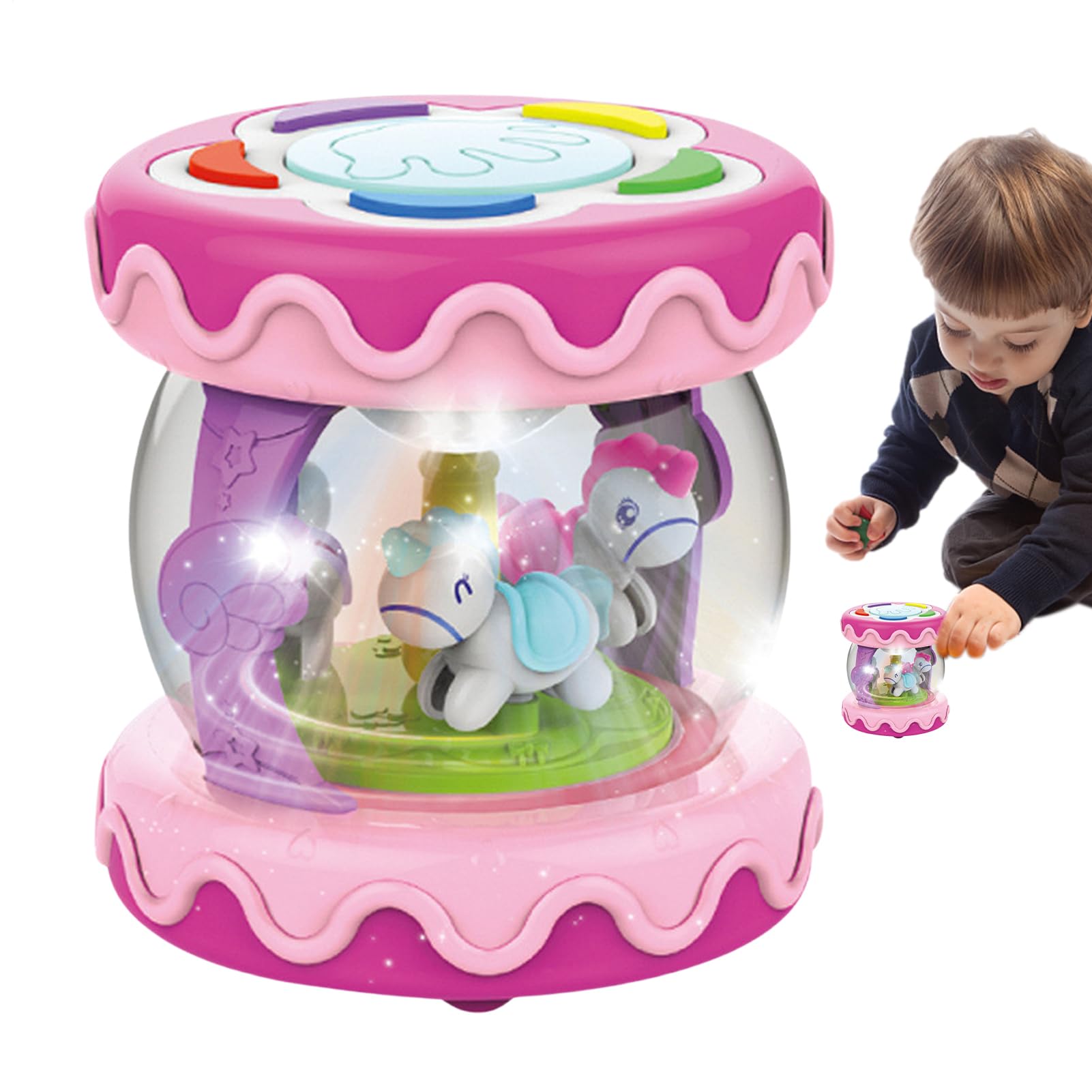 Rotating Light Up Drum - Light Up Musical Drum Toy, Čarousel Rotating Learning Ďrum For Tôddlers | Early Education Eye Hand Coordination Toy | Birthday Gift Ïnfants Over 1 Year With 3 Melodies