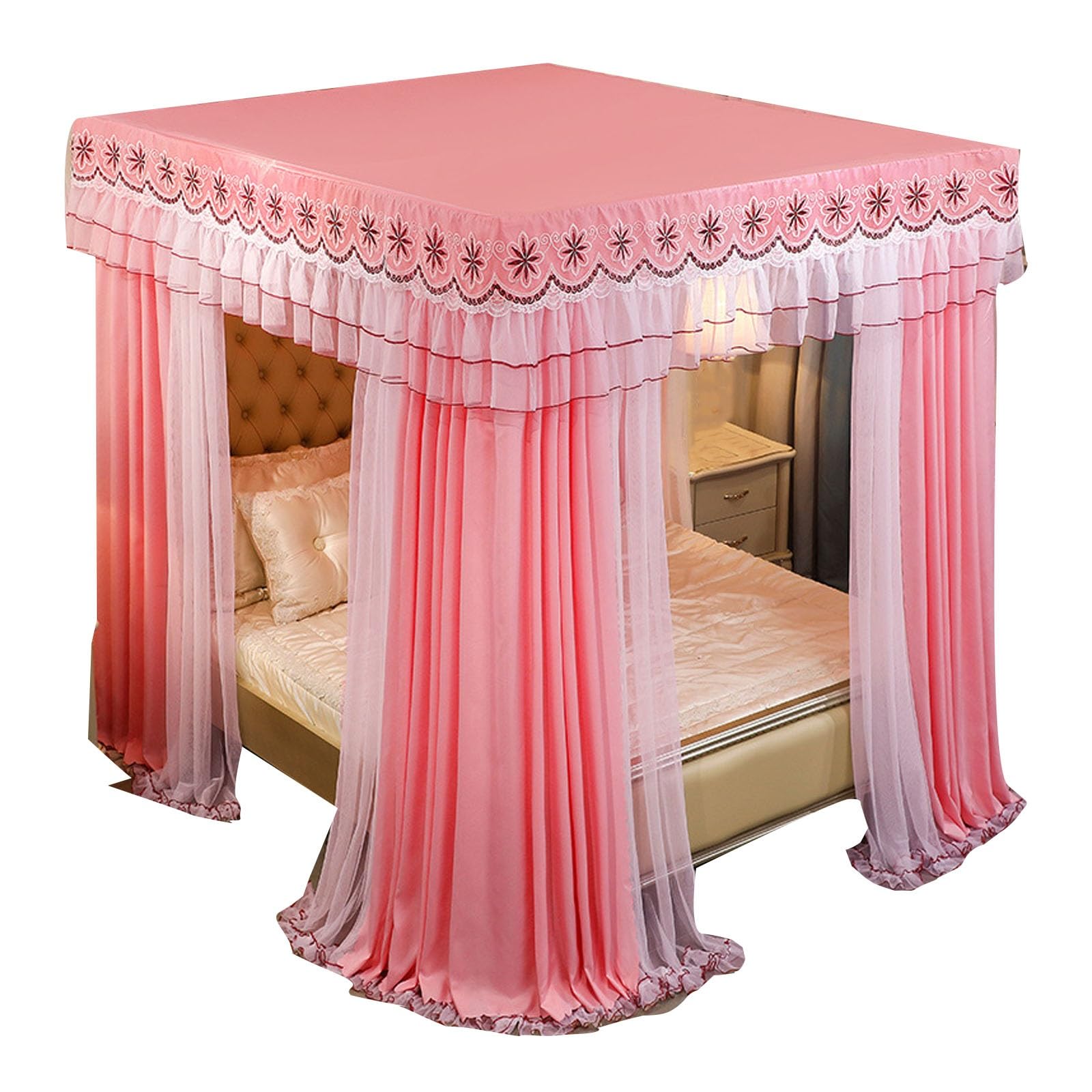 XYUERU Canopy Bed Curtains 4-Corner Post Bed Canopy, Luxury Bed Canopy with Four Posters Floor Standing Mosquito Net Sheer Mesh Curtains Double Layer Privacy Solution(Pink,180x200cm)