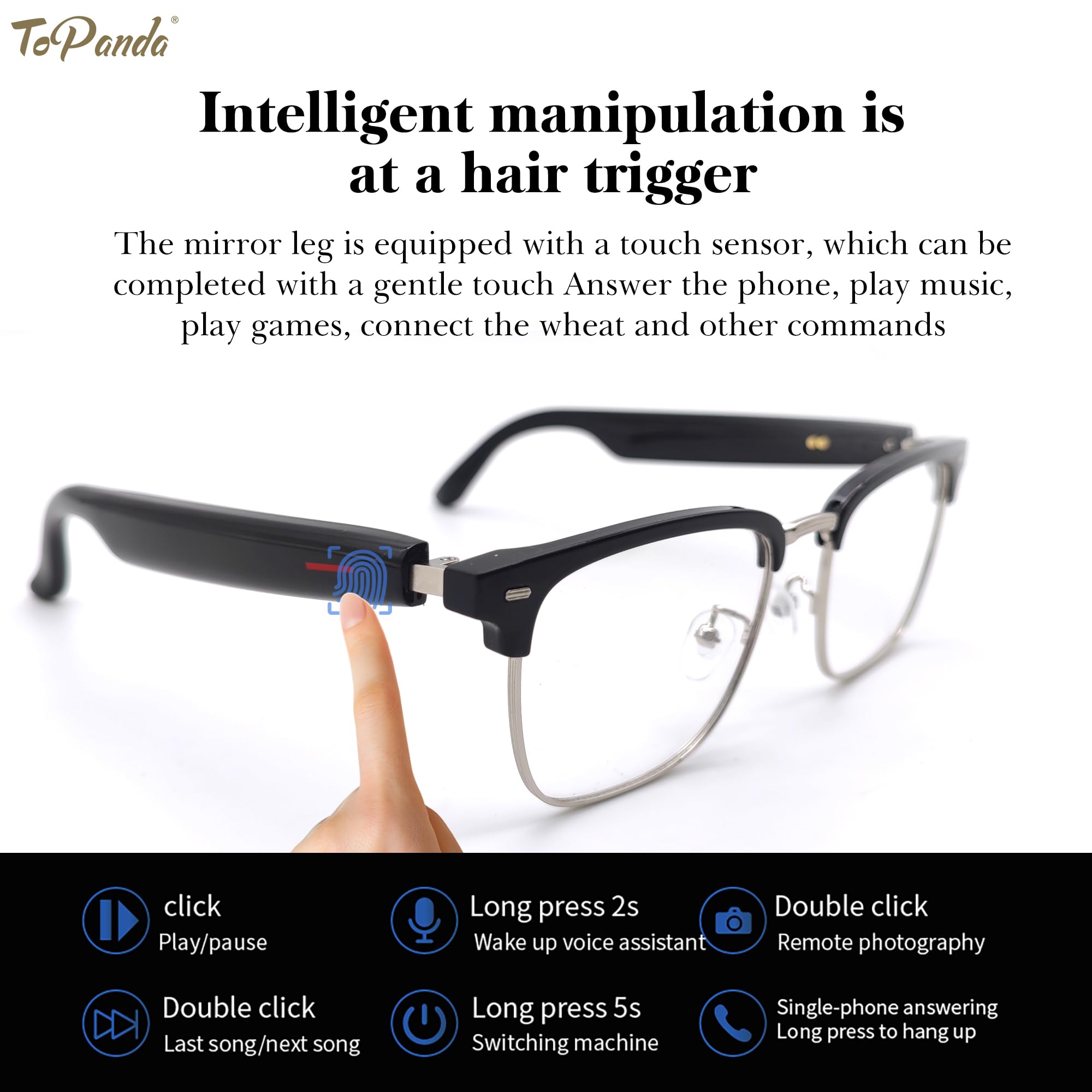 ToPanda Smart Audio Glasses (3rd Gen), TWS Open Ear Speakers with Bluetooth 5.0 Connectivity for Gaming Meeting (Black/Silver-Blue Light)