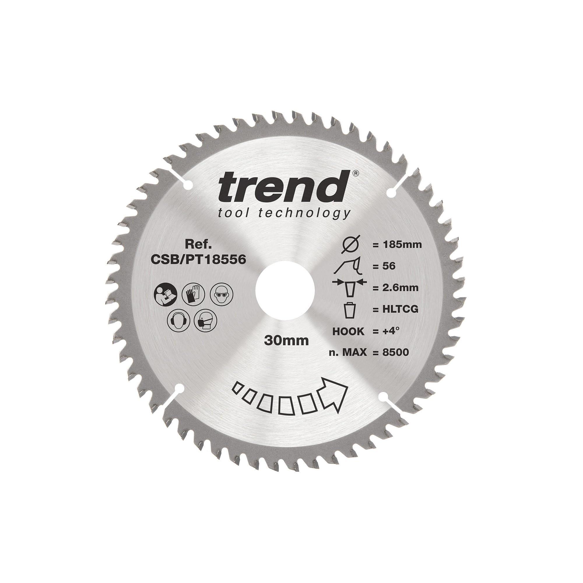 Trend Laminate & HPL Circular Saw Blade, 185mm Diameter, 30mm Bore, 56T, 2.6mm Kerf, +4° Hook, TCT Finish, CSB/PT18556