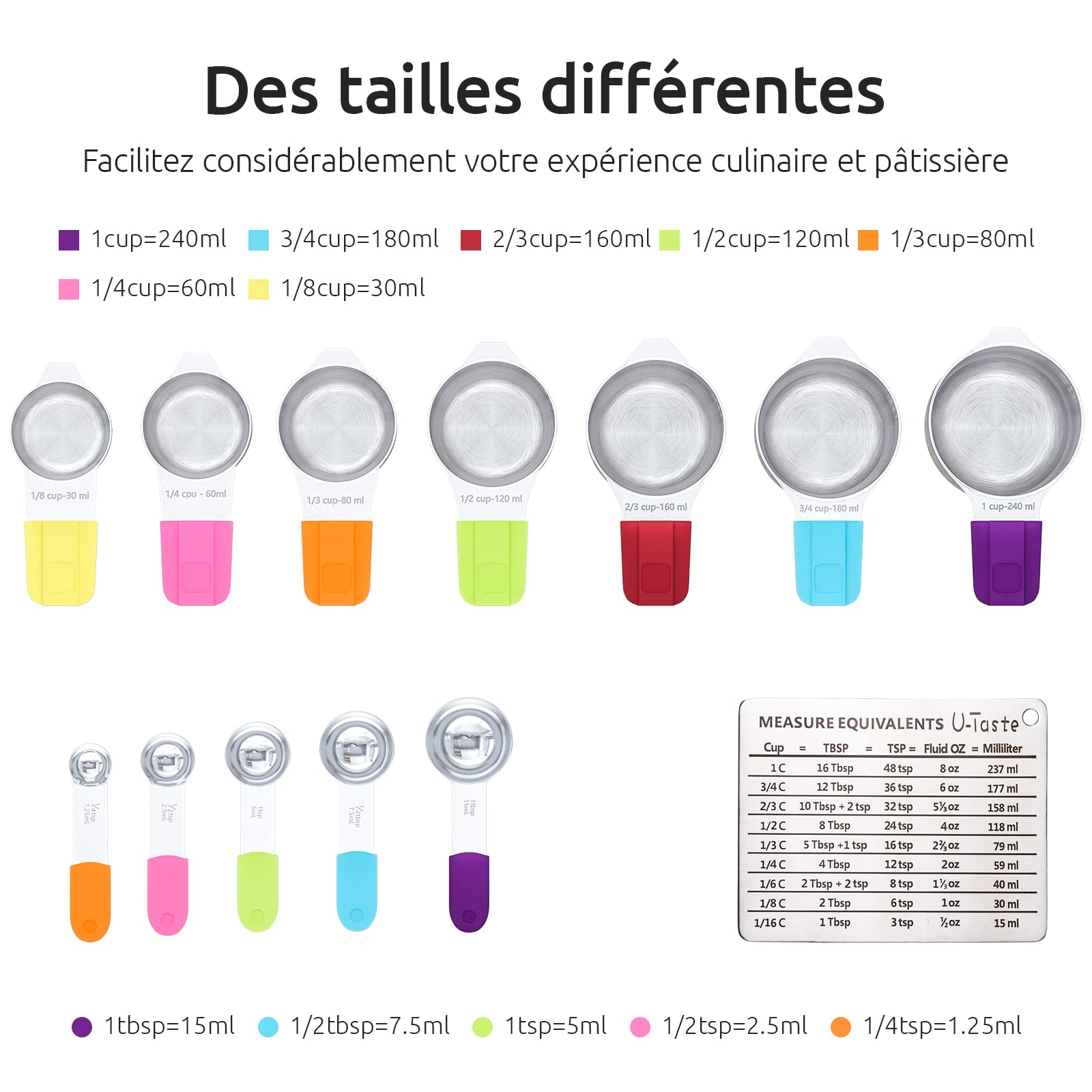 U-Taste Lot de 13 Tasses et Cuillères à Mesurer Magnétiques, Couleur | Ustensiles de mesure en métal pour la cuisine et la pâtisserie (ingrédients secs et liquides)