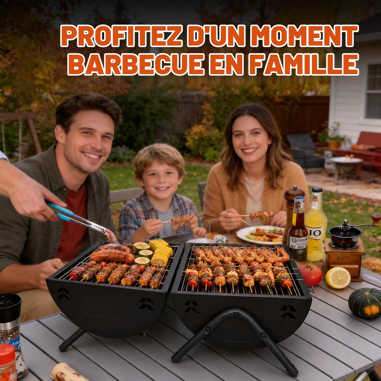 Barbecue charbon de bois portable, fumoir double face avec cheminée, brasero extérieur, 2 grilles et 2 plateaux à charbon, poignée en bois, pour 3-5 personnes, jardin et réunions