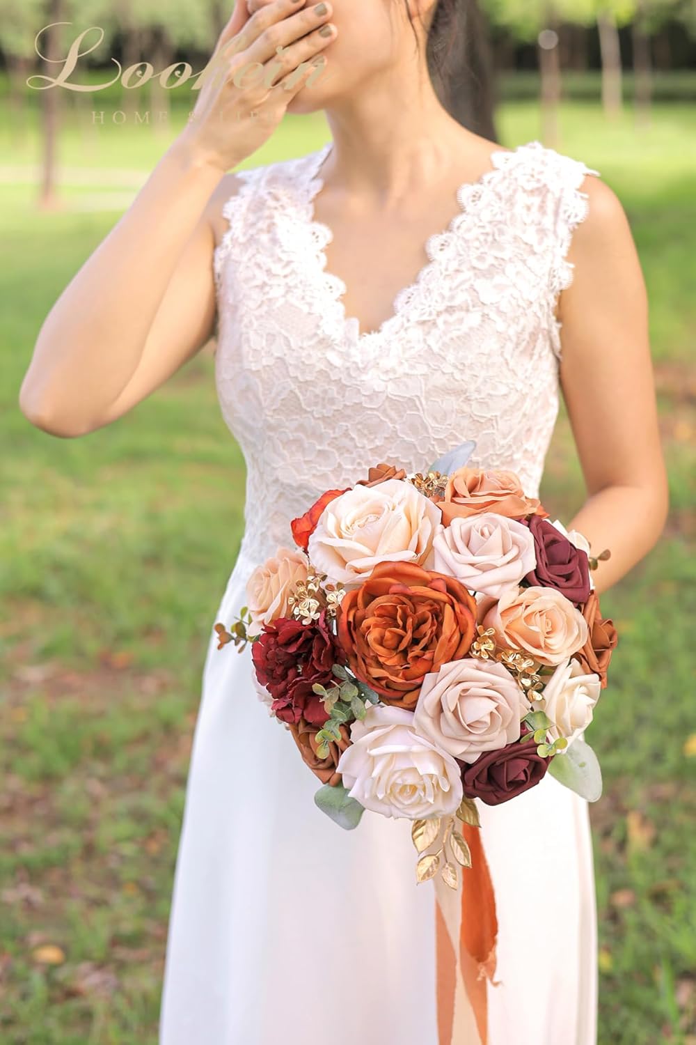 Lookein 10 Inch Wedding Bouquet for Bride Artificial Flowers Birdal Bouquet Bridesmaid Bouquet Tossing Bouquet for Wedding Ceremony Anniversary Bridal Shower, Chic Terracotta