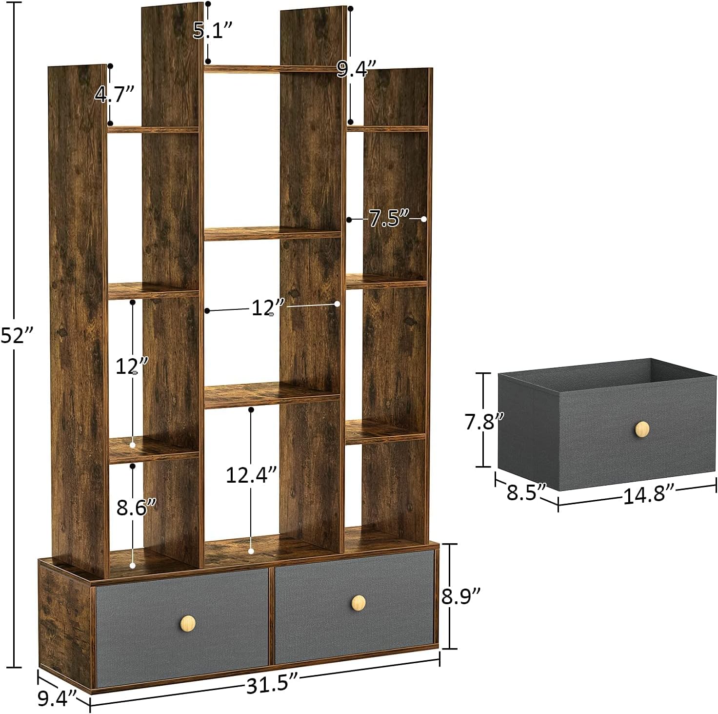 Unikito Bookshelf with 2 Drawers, Vintage Open Bookcase, Free Standing Book Shelf Organizer, Industrial Wood Bookshelves Storage Shelf, Book Case for Bedroom, Living Room, Home Office, Rustic Brown : Home & Kitchen
