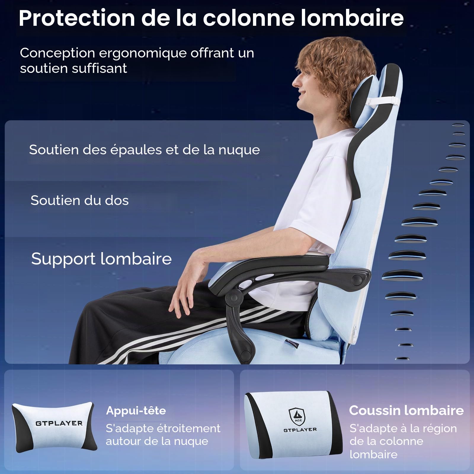 GTPLAYER Chaise de Jeu, Ergonomique, en Velours High-Tech, avec Soutien Lombaire - Chaise PC avec Dossier élargi - Charge maximale : 150 kg - Bleu Claire