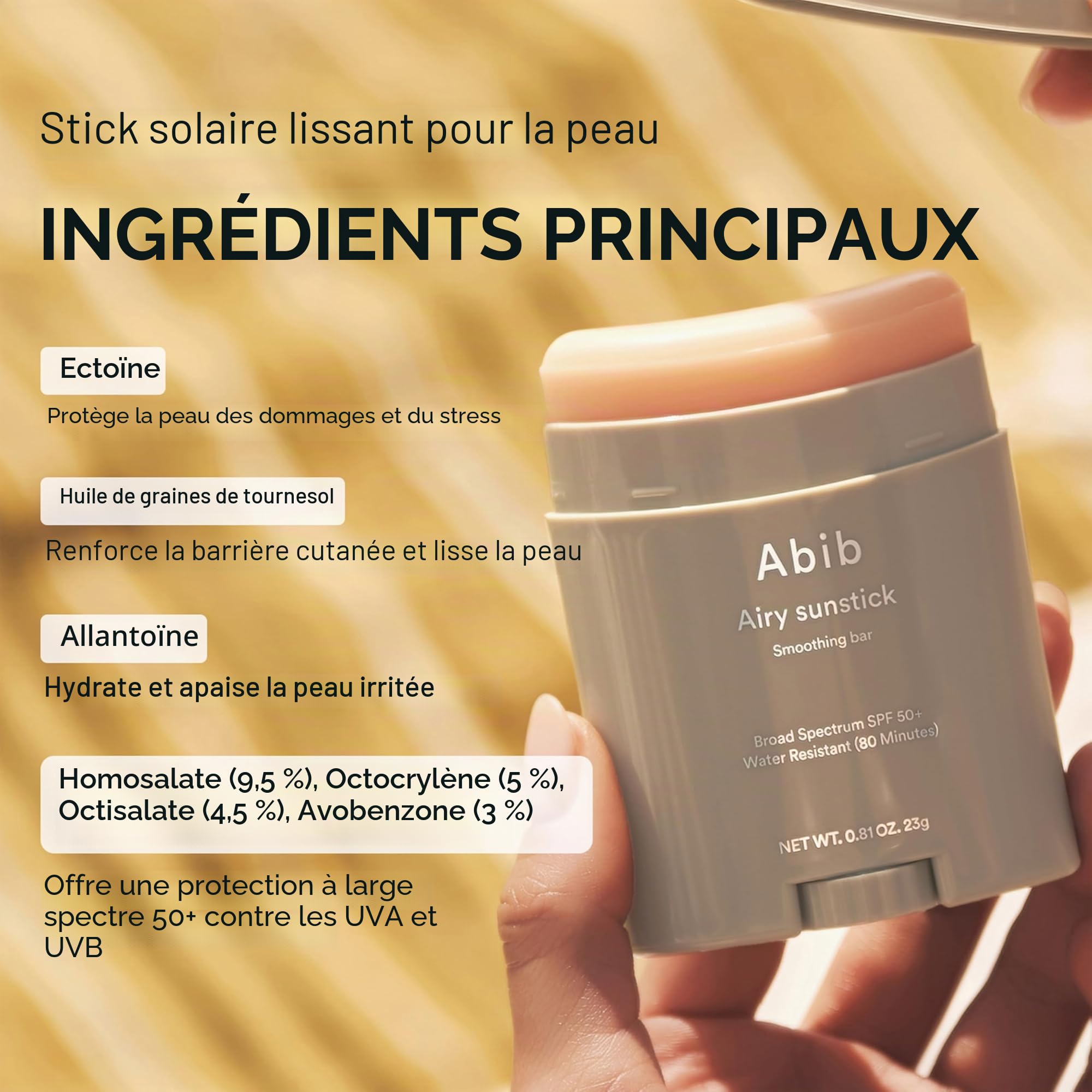 Abib Airy Sunstick Smoothing Bar Spf50 | Crème solaire à finition mate non adhésive pour le visage et le corps, barre solaire longue durée coréenne