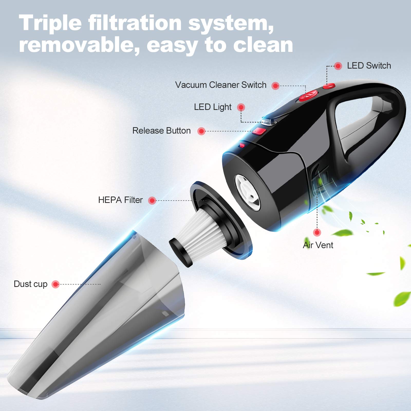 Aspirateur à Main sans Fil Rechargeable Aspirateur Puissant Portable 120W 8500Pa avec Filtre HEPA Lampe LED pour Maison Bureau Table Voiture Canapé