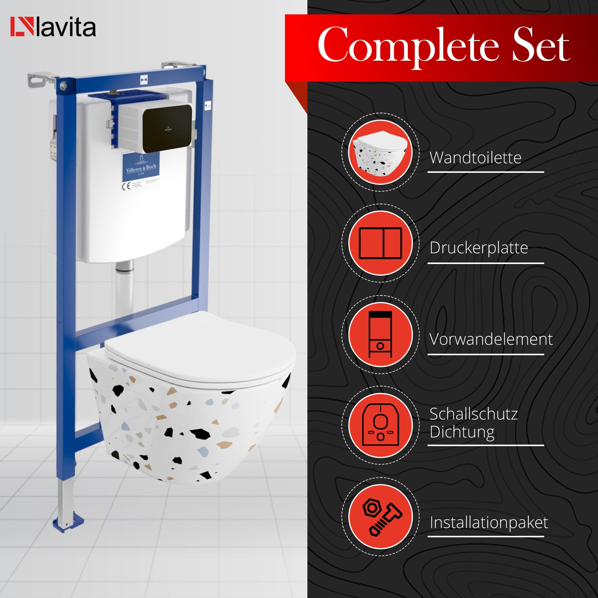 ViConnect H112 - Inodoro empotrado con placa de control + pared colgante profundo, inodoro Sofi Slim Stone sin bordes, juego completo, cisterna empotrada