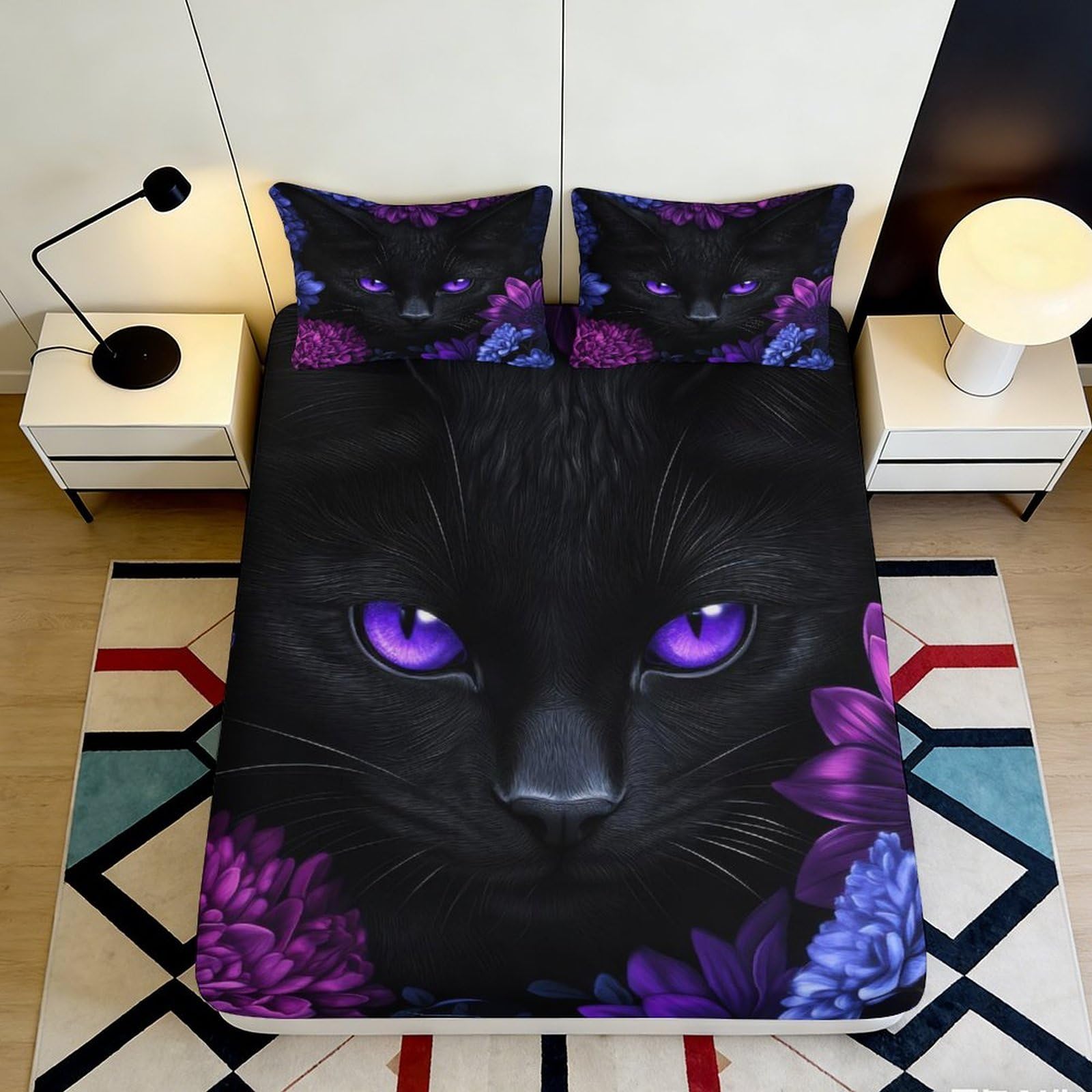 Zfldkwgb Style-2 3D Printed Black Cat Fitted Sheet Microfiber Deep Purple Floral Mattress Cover Bedroom Decor Dustproof Washable 90X200x25cm
