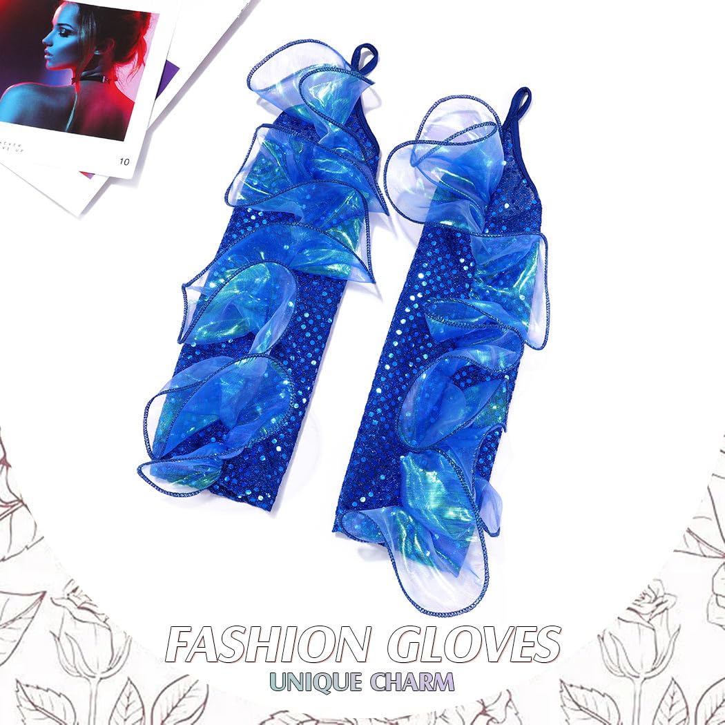 Guantes de lentejuelas de sirena sin dedos, mangas largas de tul para mujer