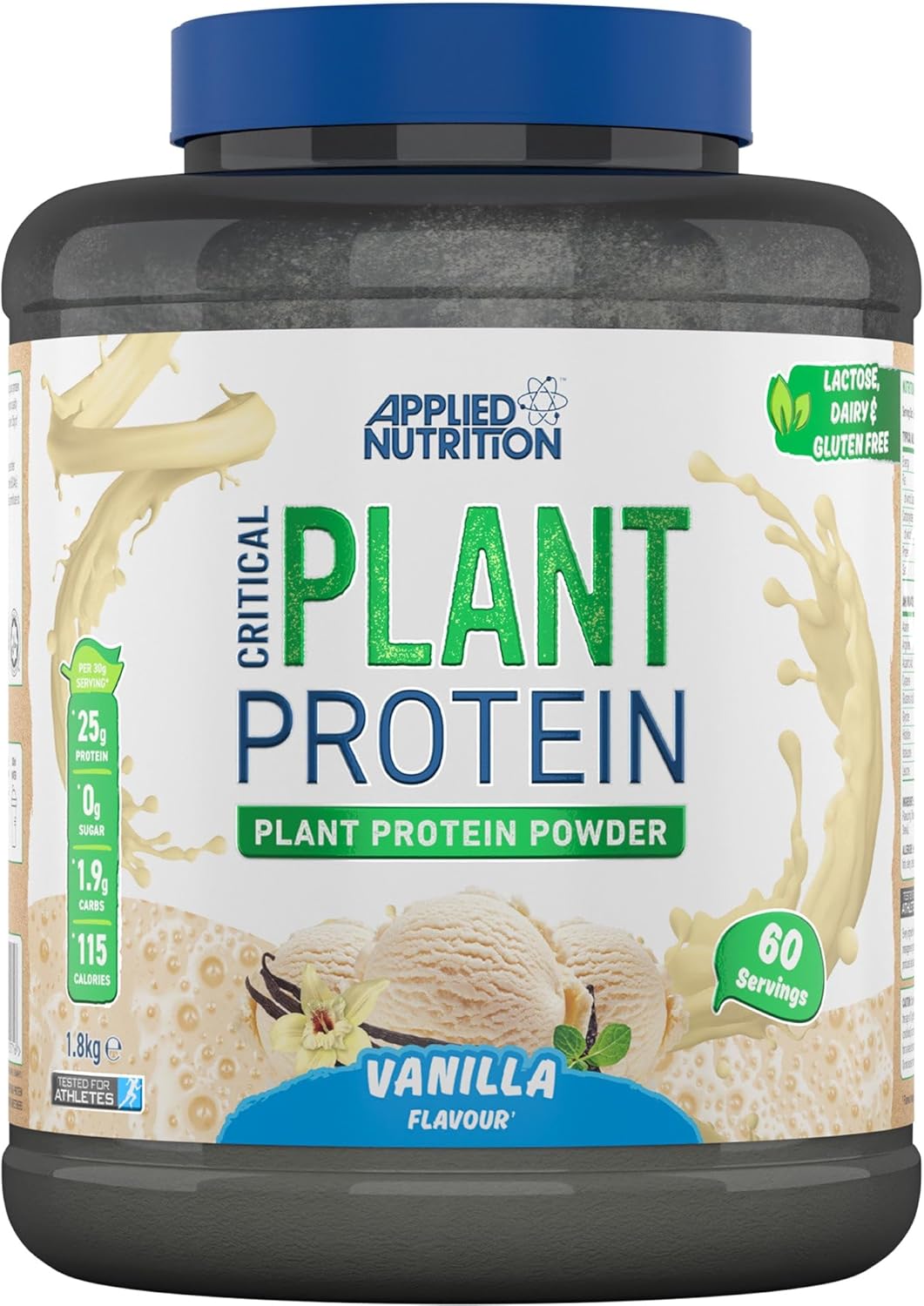 Applied Nutrition Plant Protein Powder – Critical Plant Vegan Protein Shake with SOYA, Pea, Brown Rice Proteins & Essential Amino Acids – Dairy-Free Gym Supplement (1.8kg – 60 Servings) (Vanilla)