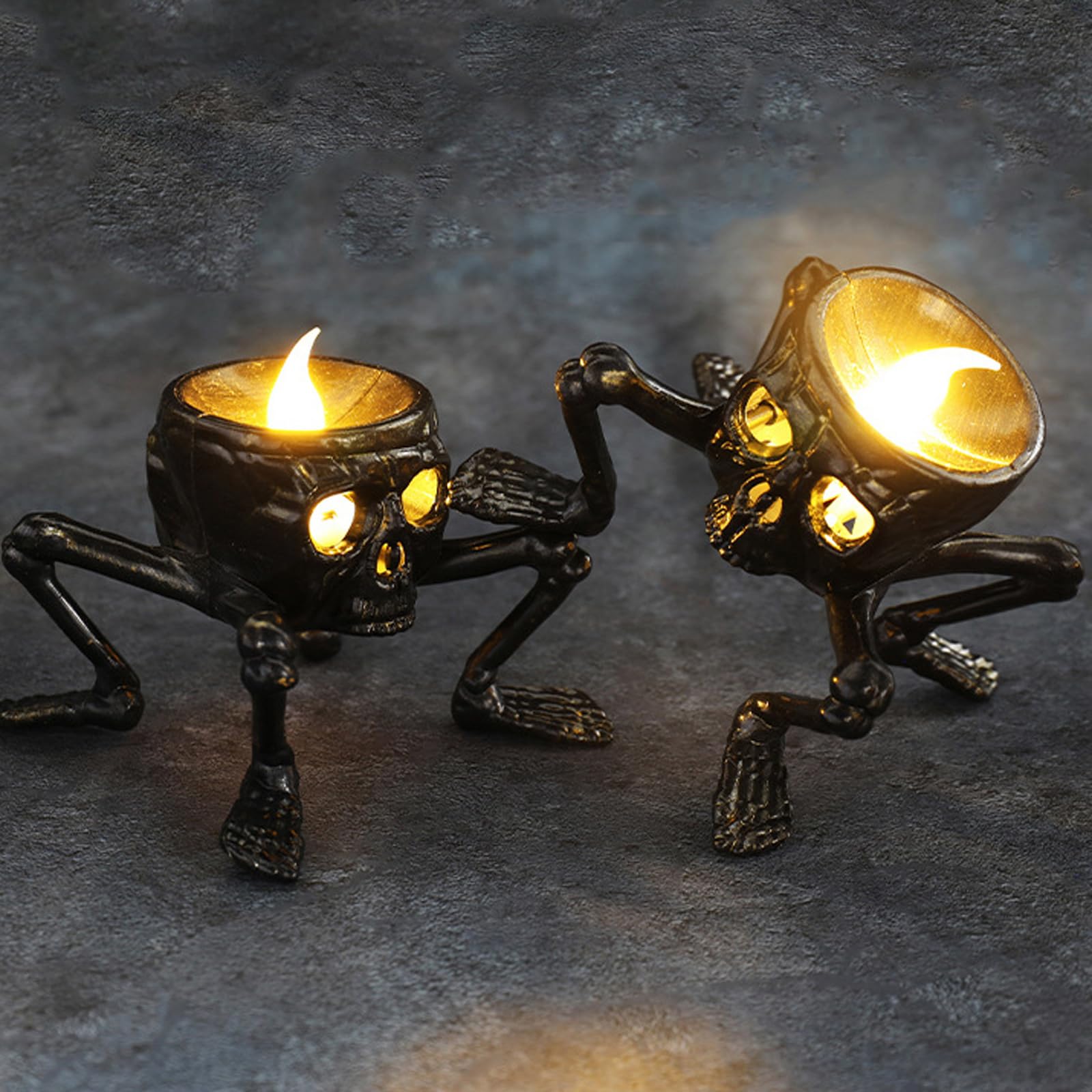ESSECMBS Halloween Skull Flameless Candle LED Light Up Legged Skeleton Night Lights Flickering Flameless Candles Decoration Indoor (2pcs Black, 8cm*8cm*7.5cm)