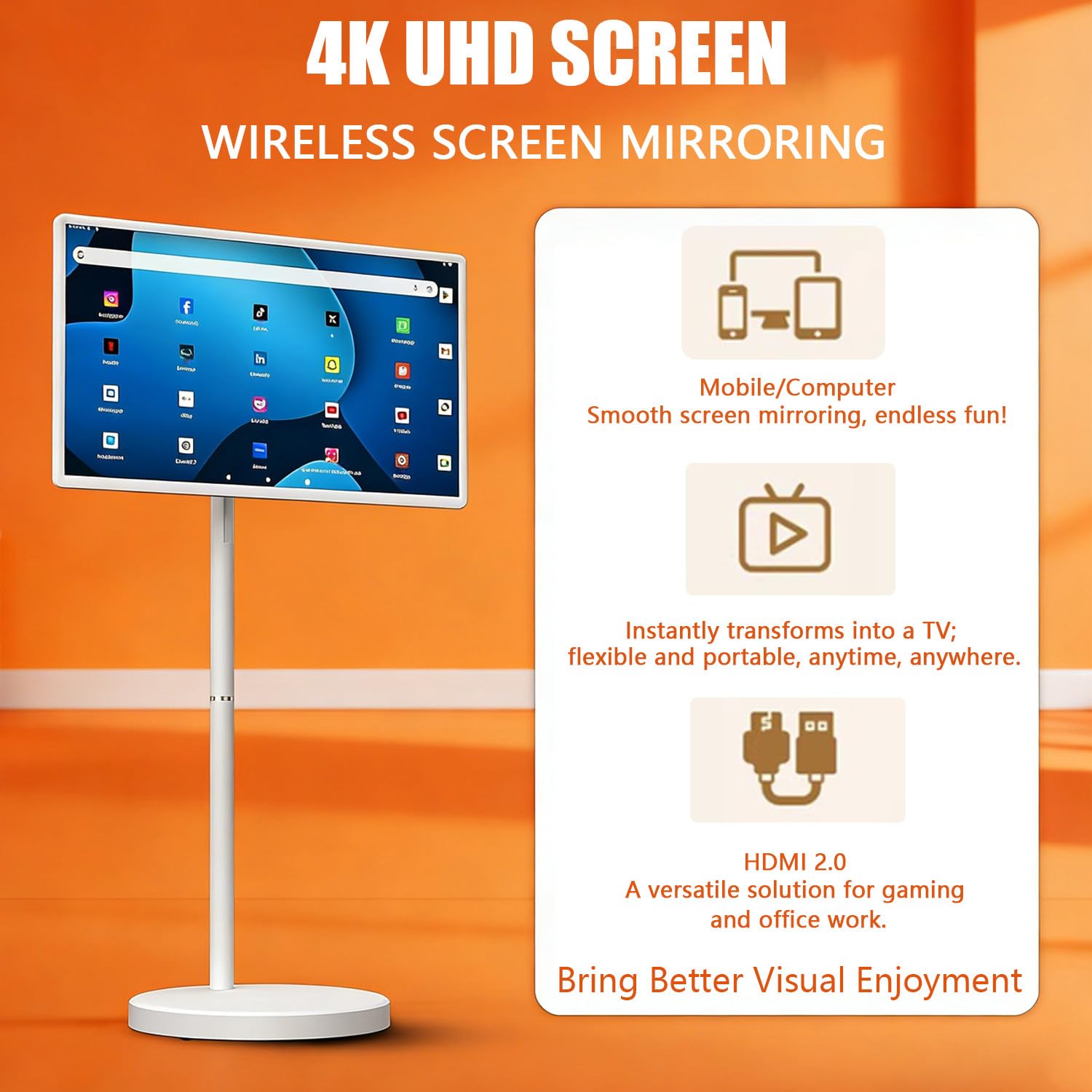 Televisor portátil de 21,5"/24"/27"/32", 8+128 GB, Smart TV con Ruedas, 6-8 Horas de reproducción, transmisión inalámbrica, Monitor con Pantalla táctil de 10 Puntos 24inches