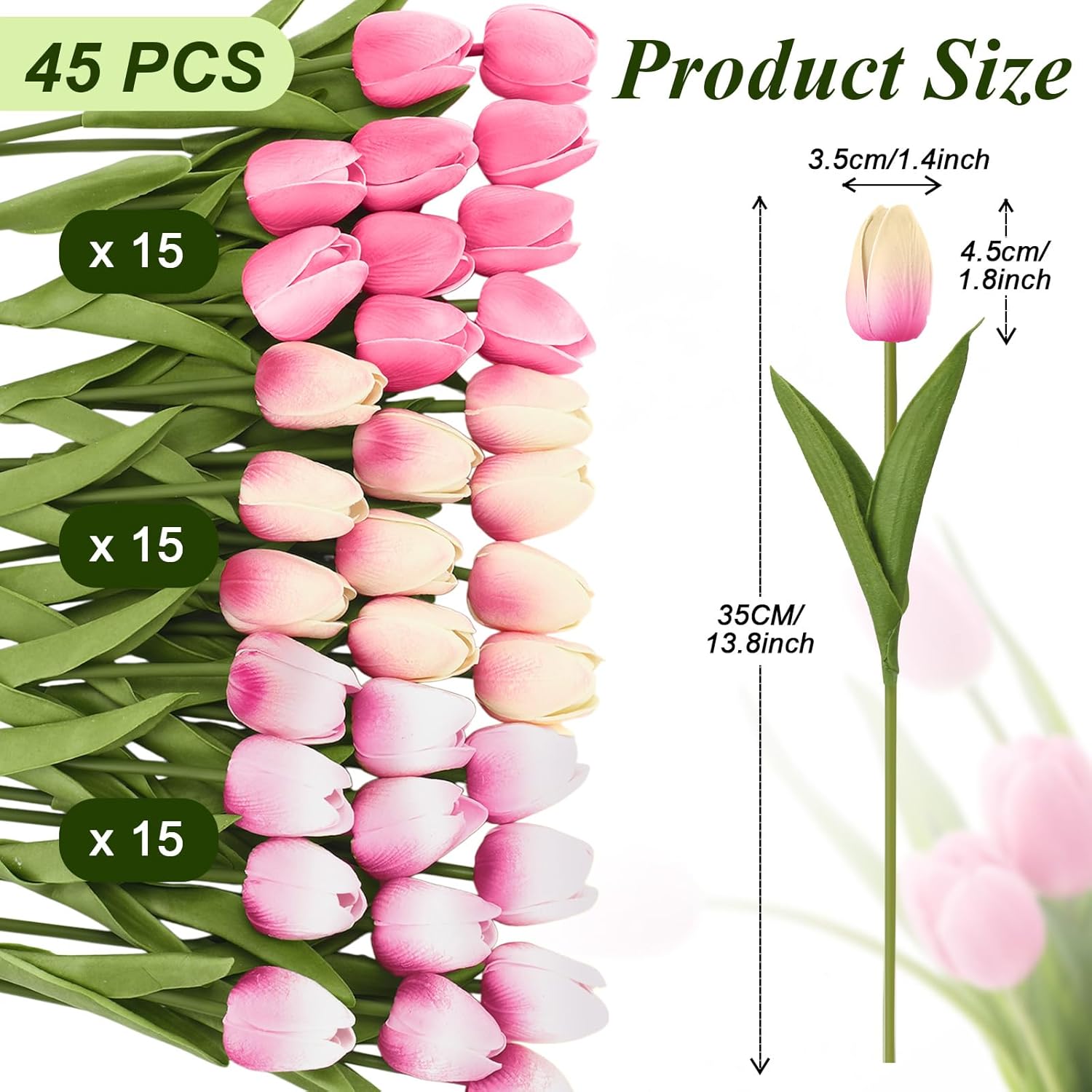 Janinka 45pcs Artificial Tulip Flowers Fake PU Tulips Faux Latex Bouquet Flower Centerpieces Arrangement Floral for Mother Day Wedding Spring Decorations (Pink)