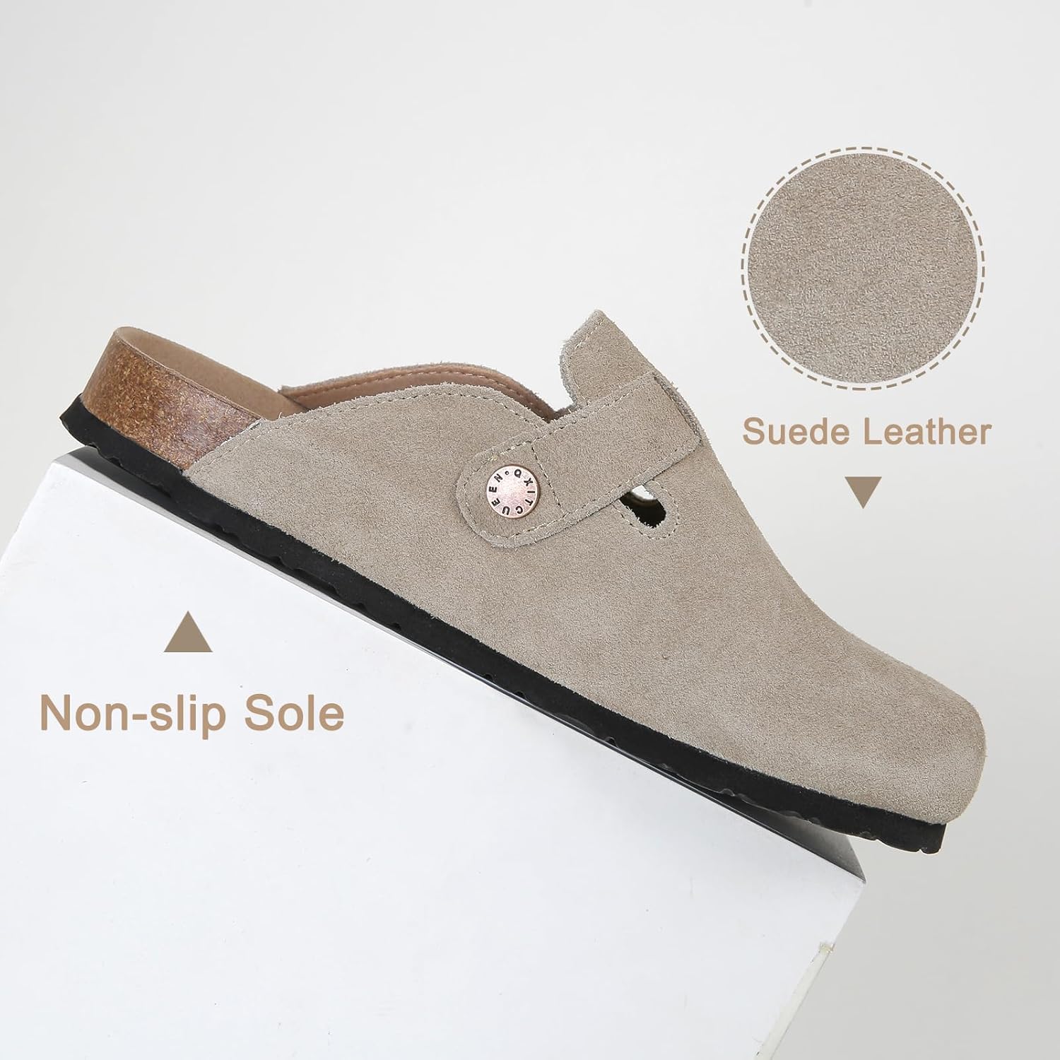 Dumalum Suede Clogs for Women and Men - Adjustable Buckle Slip-on Cork Footbed Mules with Antislip Sole - Unisex Slippers