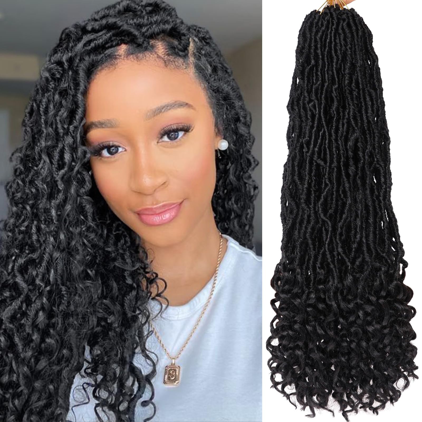 24 Inch Goddess New Faux Locs Crochet Hair 7 Packs Pre-looped Long Soft Locs Crochet Braids Hair With Curly Ends Natural Black Synthetic Nu Locs