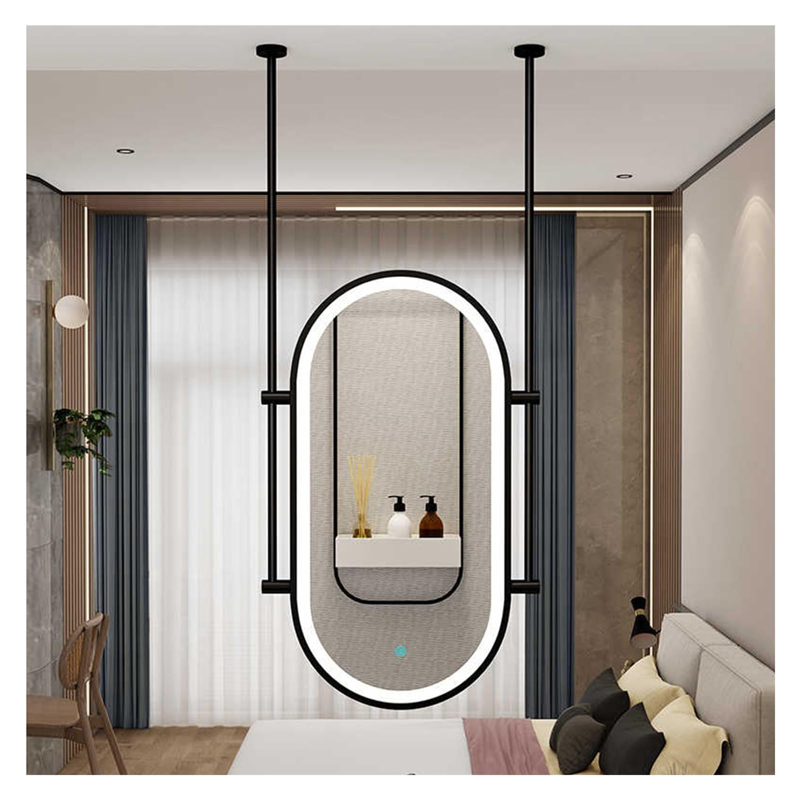 Specchio da soffitto con Luce LED, Specchio Ovale in Metallo Galleggiante, Illuminazione Regolabile in 3 Colori, Adatto per Ingresso, Guardaroba e Decorazione della casa (Nero, 60x110 cm)