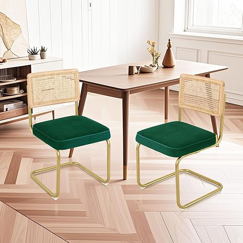 Miniatura 3 de CangLong Mid-Century - Sillas de comedor modernas, respaldo de ratán de malla natural, asiento tapizado de terciopelo, sillas sin brazos con patas