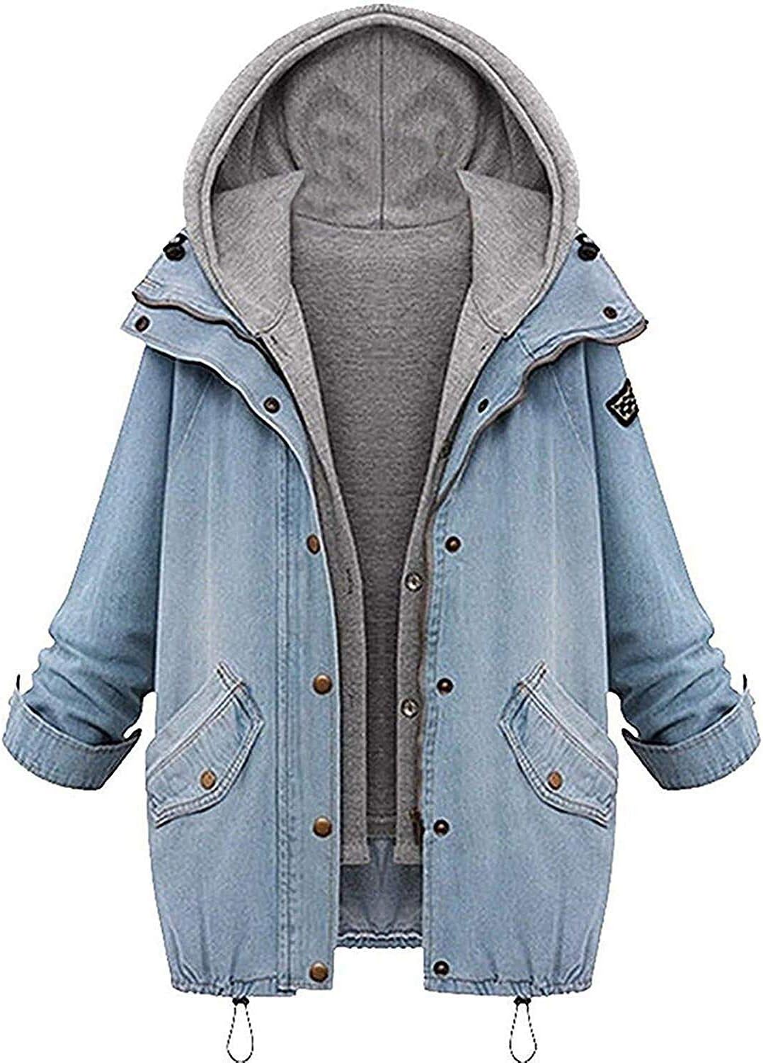 Angelwing Women Jacket 2 in 1 Boyfriend Hoodie Denim Warm Coat Long Sleeves Zip Up Classic Jeans Parka Casual Tops Oversize Outwear Autumn Spring