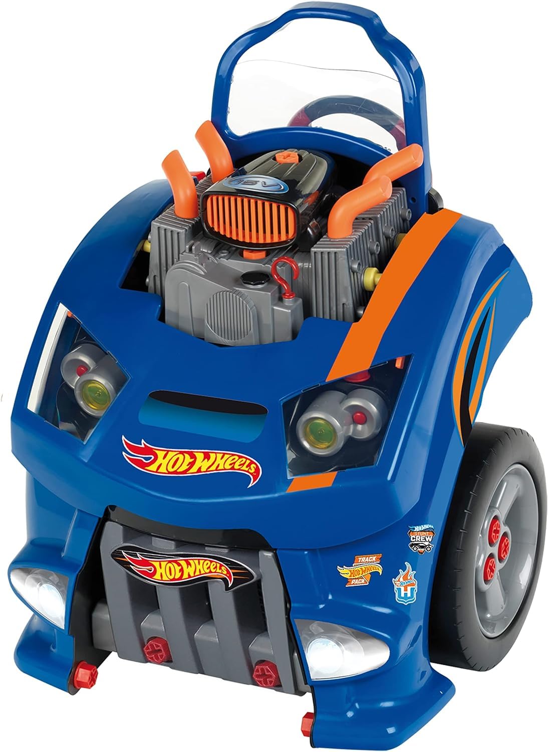 Klein Theo 2822 Hot Wheels Montageauto I Motorblock mit lehrreichen Reparatur-Funktionen I Batteriebetriebene Schweinwerfer und Hupe I Maße: 43 cm x 40 cm x 52,5 cm I Spielzeug für Kinder ab 3 Jahren