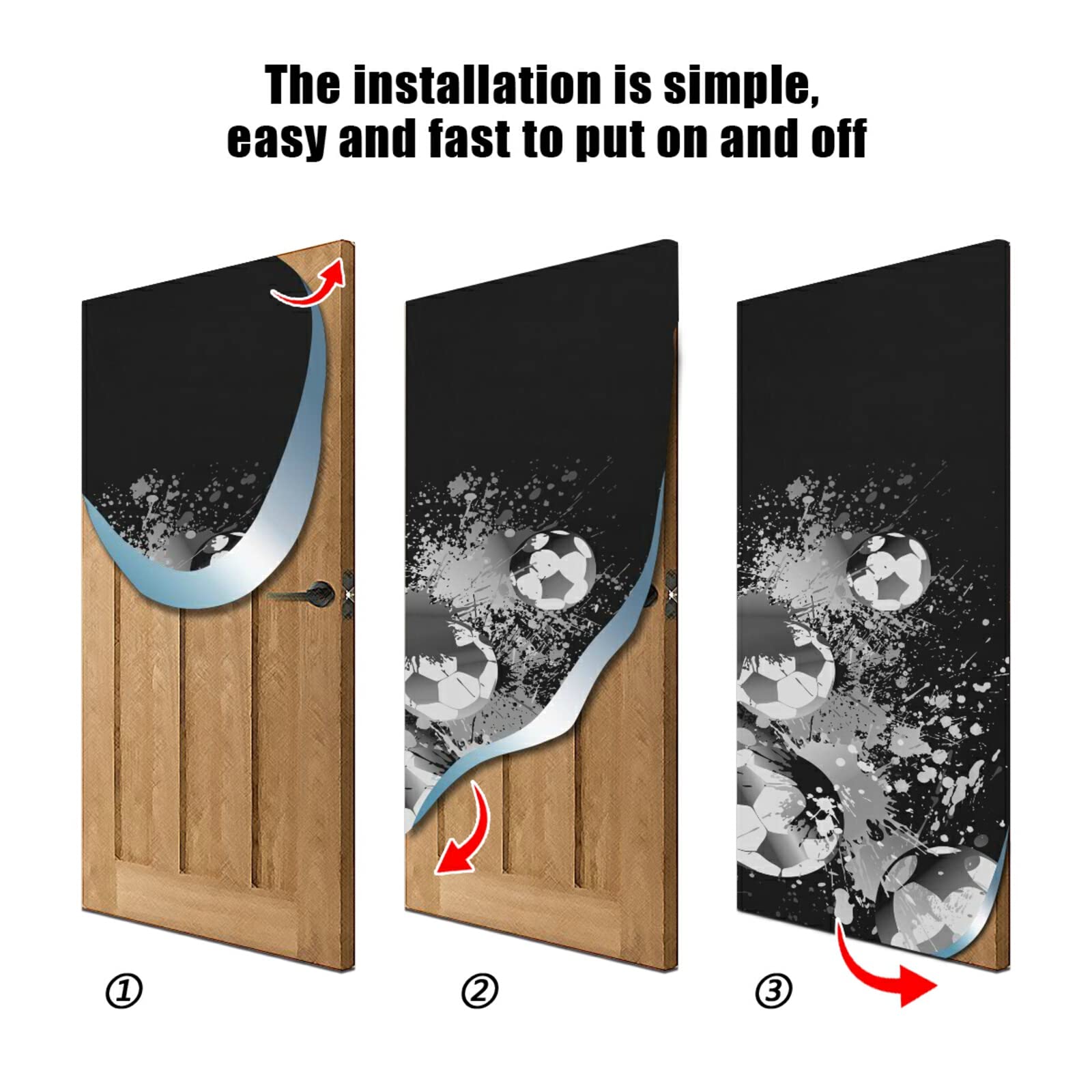 Black White Footballs Spots Dots Paint on Black Door Cover, Washable Fabric Durable Door Decoration Silk Microfiber for Front Door Porch Home Indoor Outdoor Party 35x79 inches