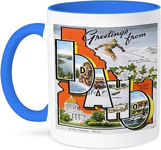 3dRose mug_169565_6 Greetings from Idaho Sun Valley Boise with Scenes from the State - Two Tone Blue Mug, 11oz