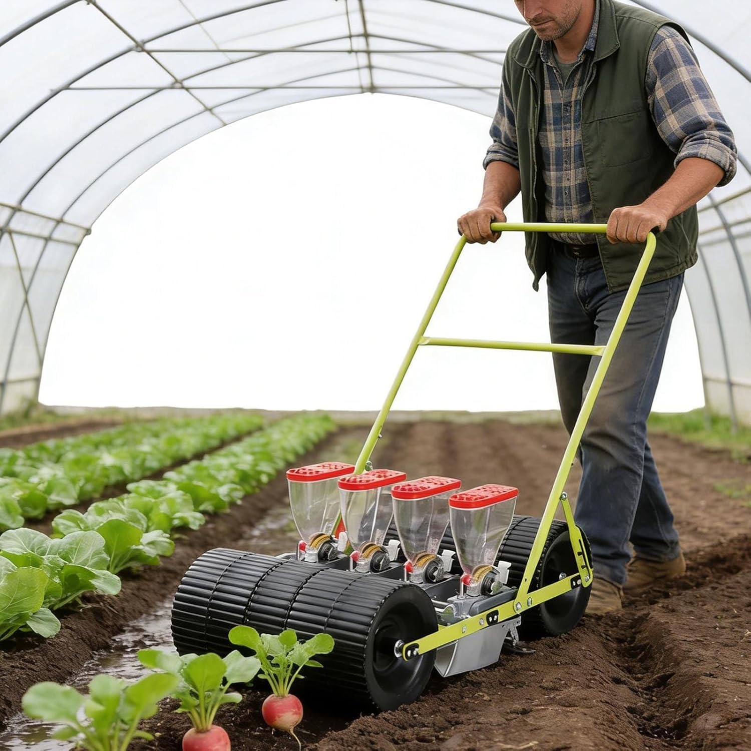 Maceta manual de verduras, sembradora de precisión portátil empujada a mano para jardín, terrazas y laderas