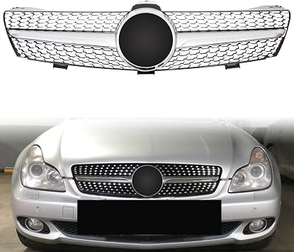 CLS Class Grill with 3D Emblem Front Grille for Mercedes Benz W219 CLS350 CLS500 CLS550 CLS63 AMG CLS55 AMG 2005 2006 2007 2008 Silver
