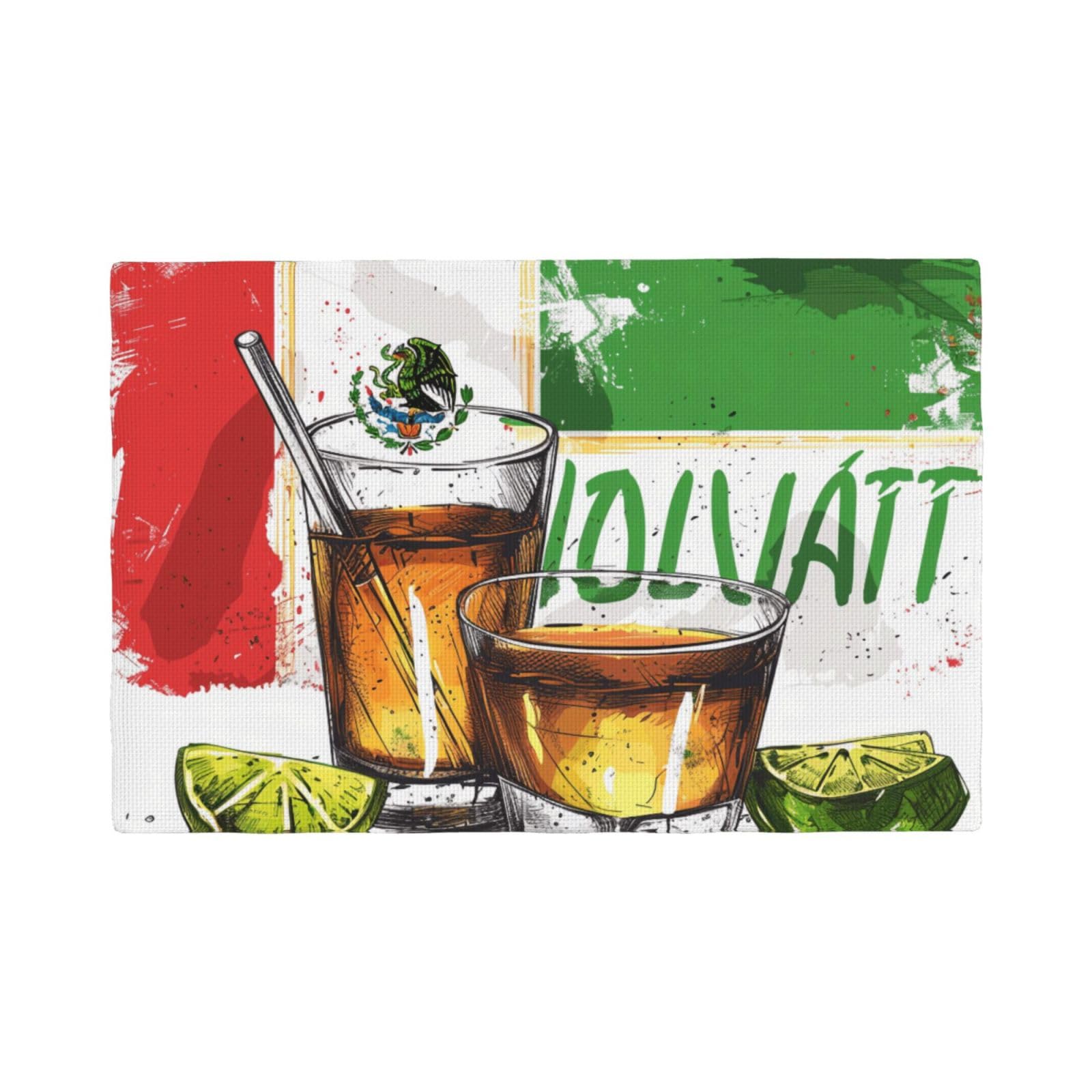 mexico flag and tequila Print Placemats Set, Heat Resistant Washable Placemat 12x18in Table Mats for Party Kitchen Dining Table Decoration Indoor Outdoor, Six Piece