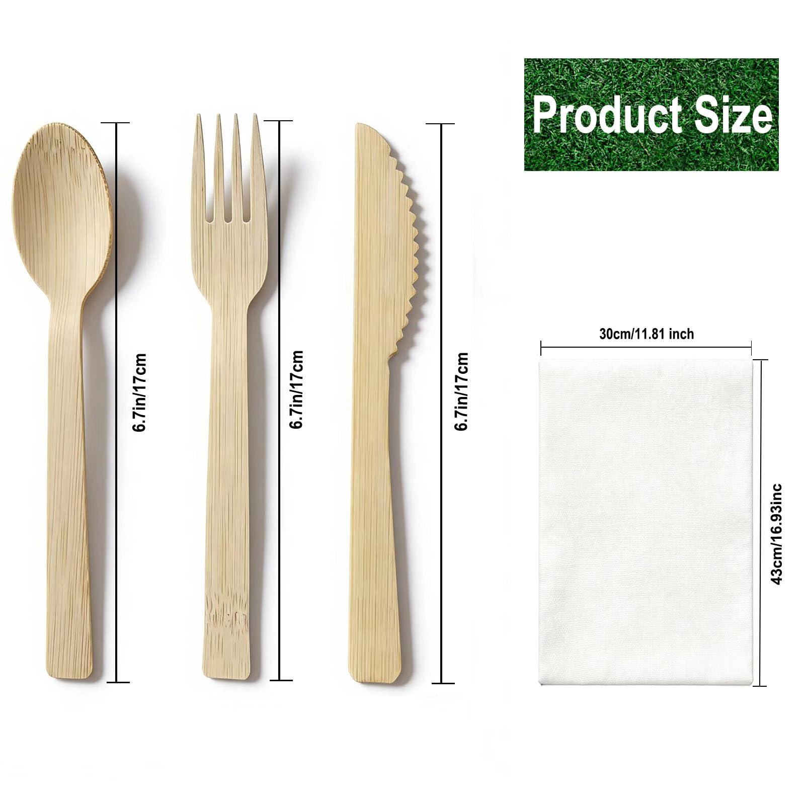Set de couverts en bambou avec serviettes pré-roulées – Lot de 20 (6,7 pouces, 20 fourchettes, 20 cuillères, 20 couteaux, 20 serviettes) Couverts compostables, couverts jetables emballés